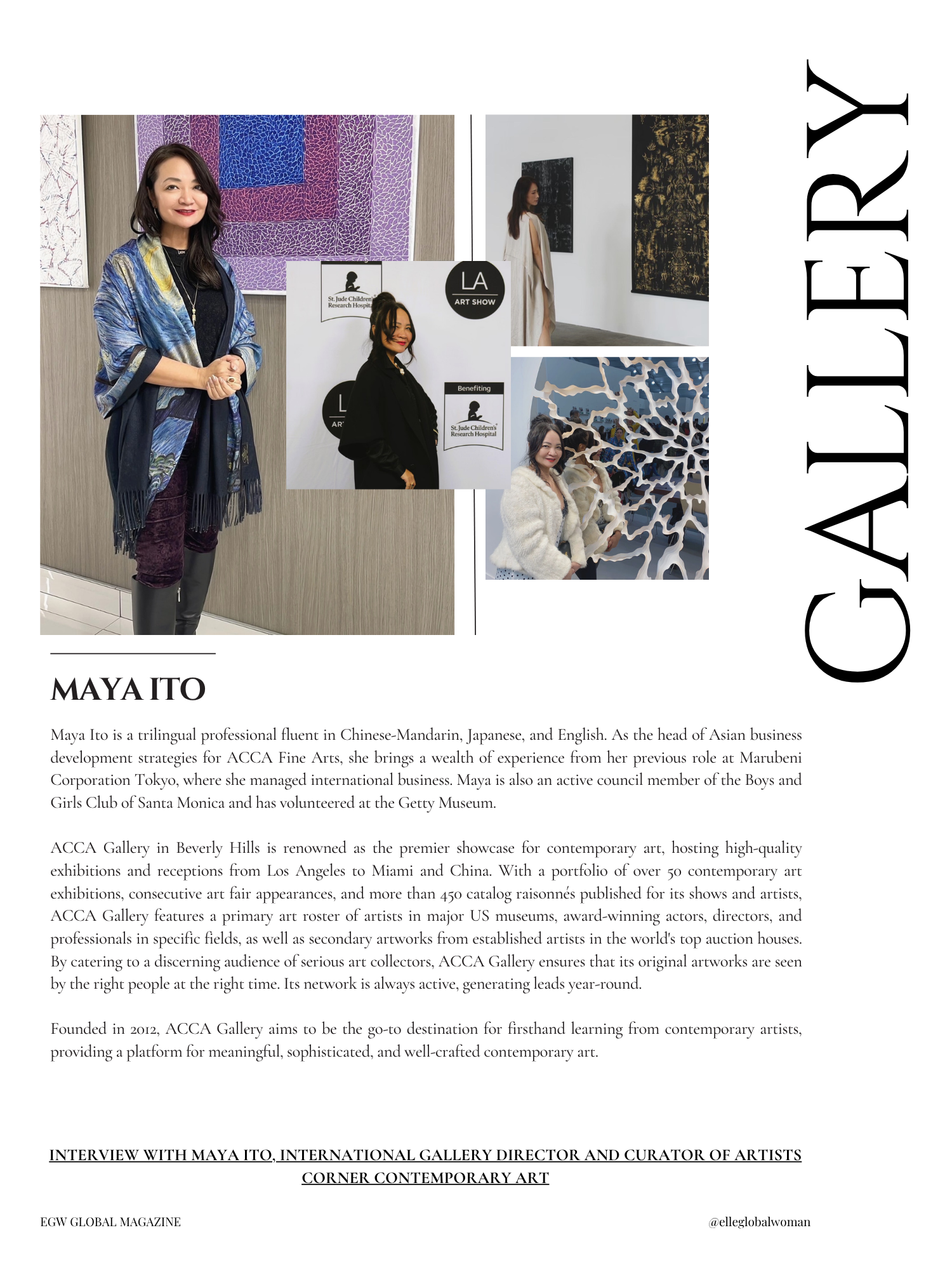 A collage of images showing Maya Ito at an art exhibition, including her posing in front of artworks, viewing art installations, and attending the event. The background features text describing her professional background, her role in Asian art strat