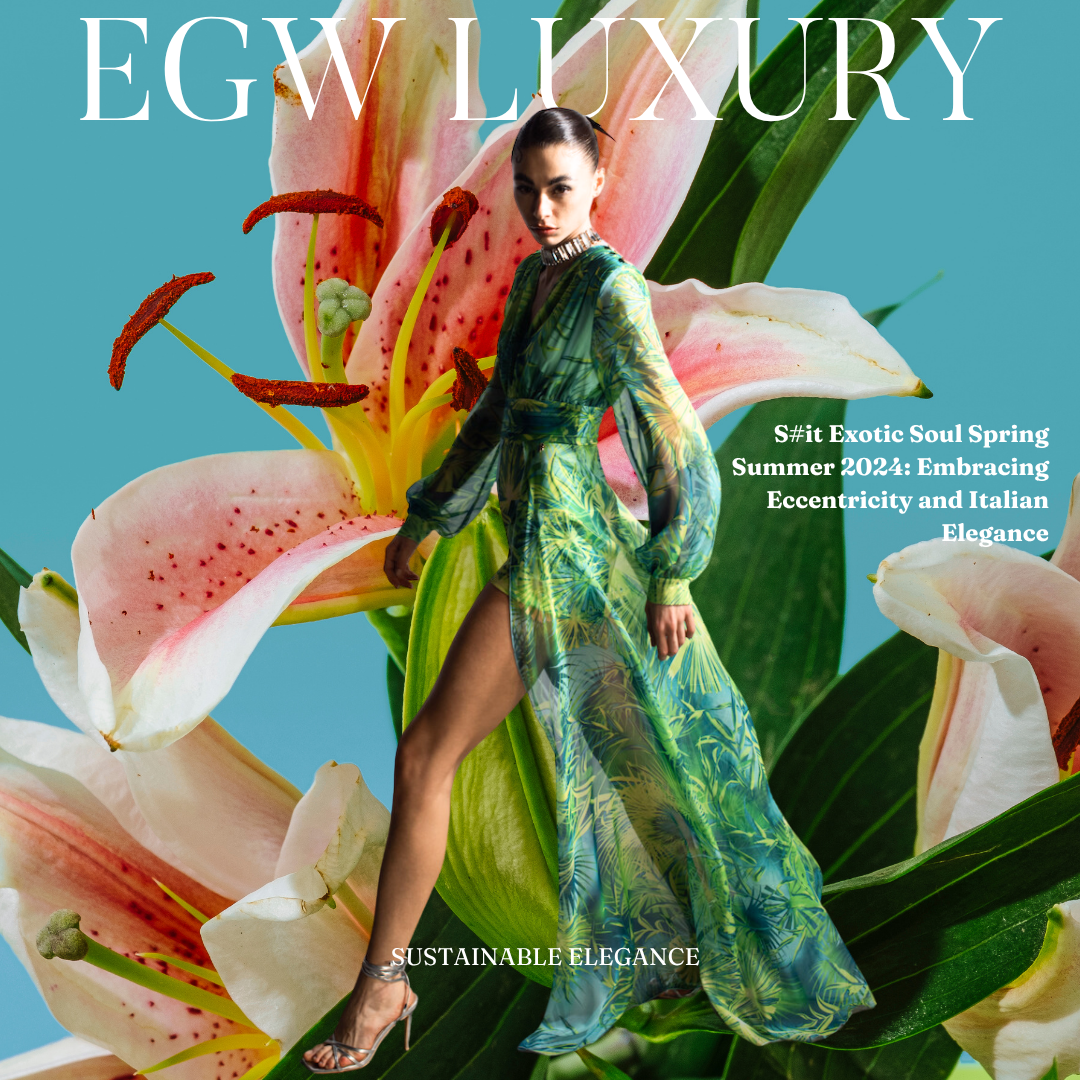 Fashion magazine cover featuring a model in a green patterned dress, standing against a large pink lily flower background, with white and blue text and a blue background.