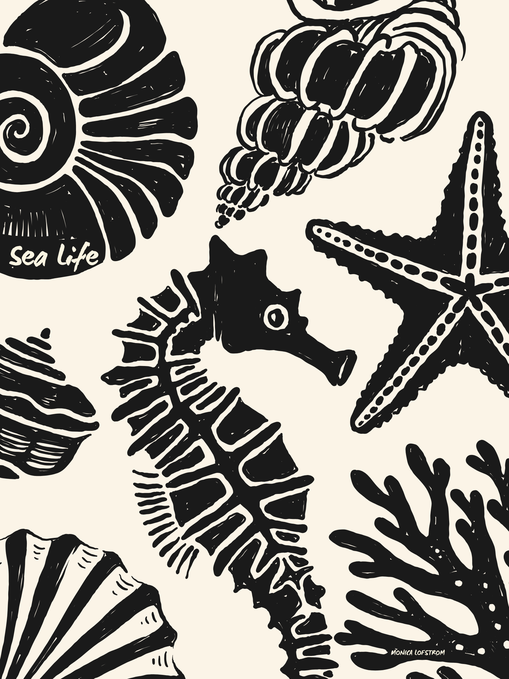 Black and white illustration of various sea creatures, including a large spiral shell, a starfish, and a seahorse, labeled with the words 'Sea Life'.