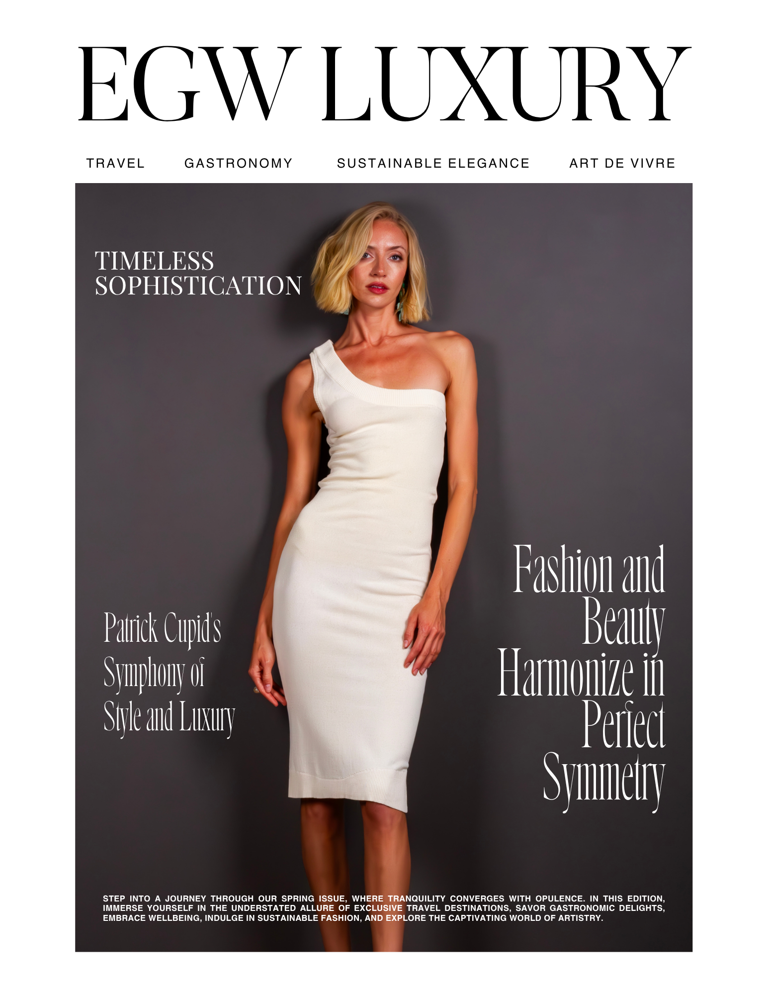 A magazine cover featuring a woman in a white, one-shoulder dress against a gray background. The cover includes headlines about travel, gastronomy, elegance, and art, with a focus on fashion and beauty.