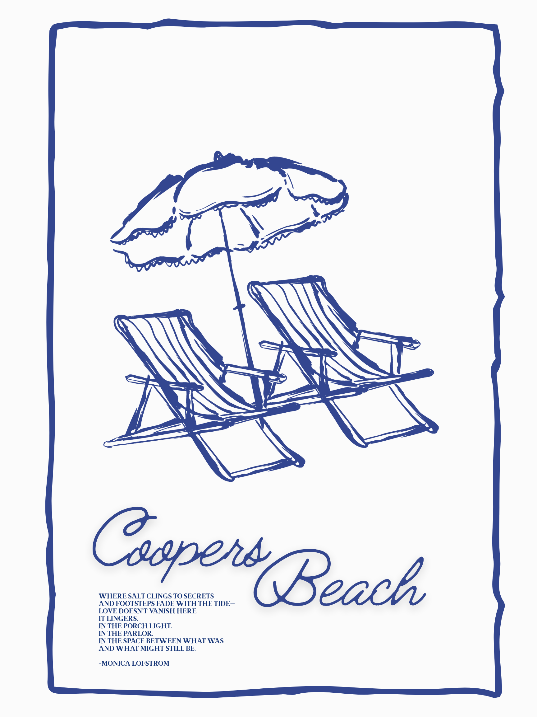 A hand-drawn illustration of a beach scene with two lounge chairs and a large striped umbrella. The scene appears on the cover of a book or magazine titled 'Coopers Beach' with a quote by Monica Lofstrom.