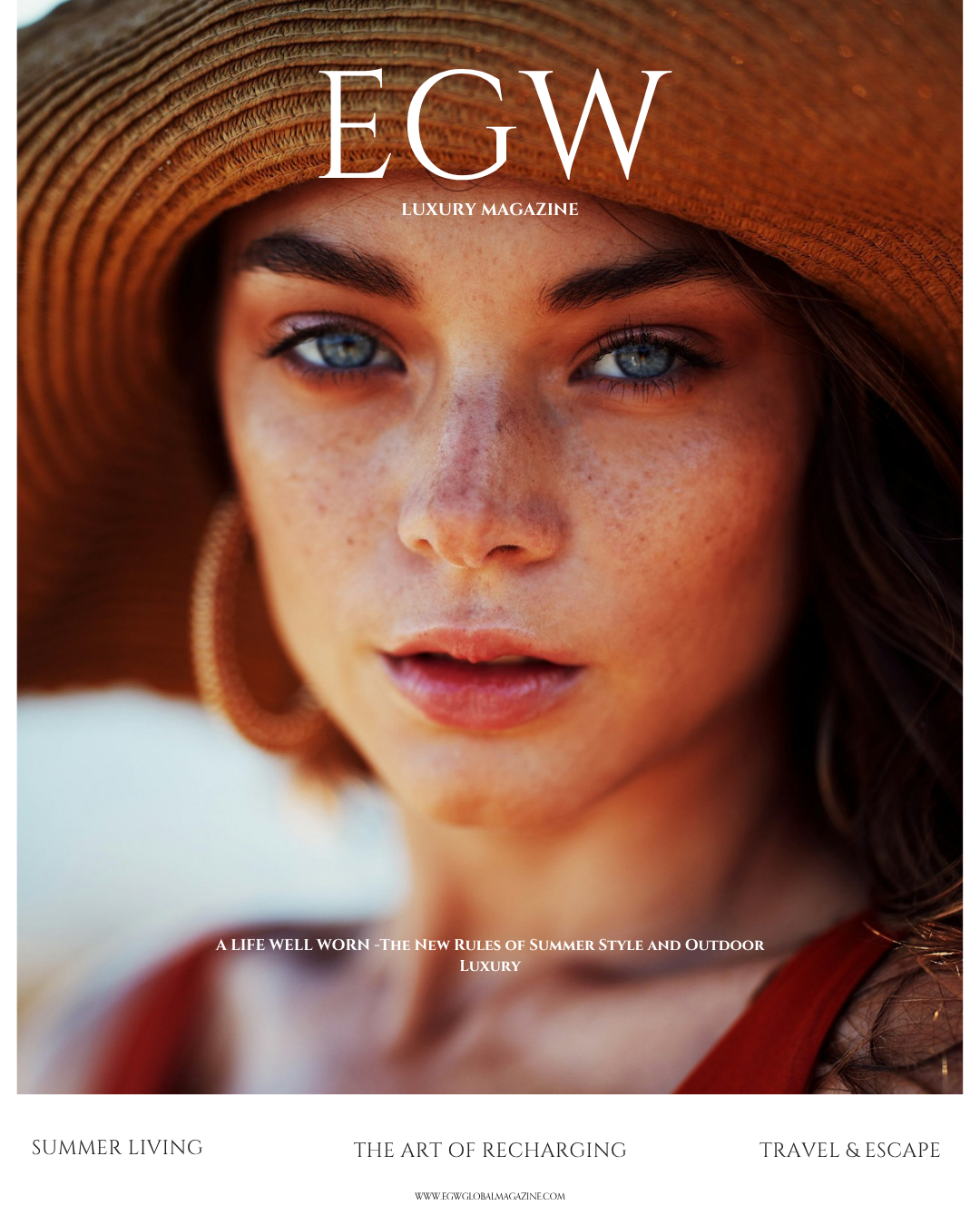 Close-up image of a woman wearing a large sun hat with blue eyes and freckles, with text about luxury summer style and outdoor living.