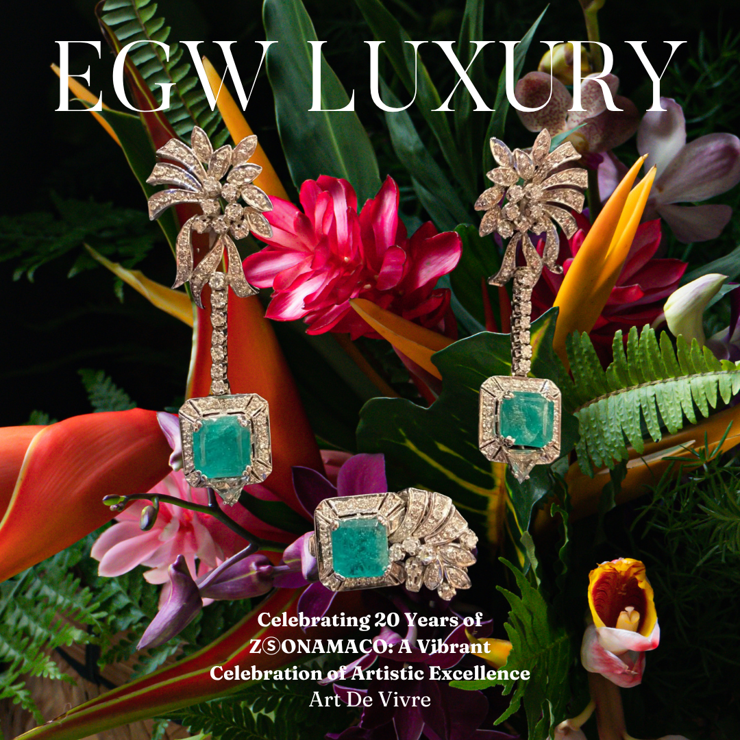 A floral arrangement with colorful flowers and green foliage, featuring a set of sparkling jewelry with emerald-cut stones, and an overlay text reading 'EGW Luxury' and a message celebrating 20 years of ZONAMACO.