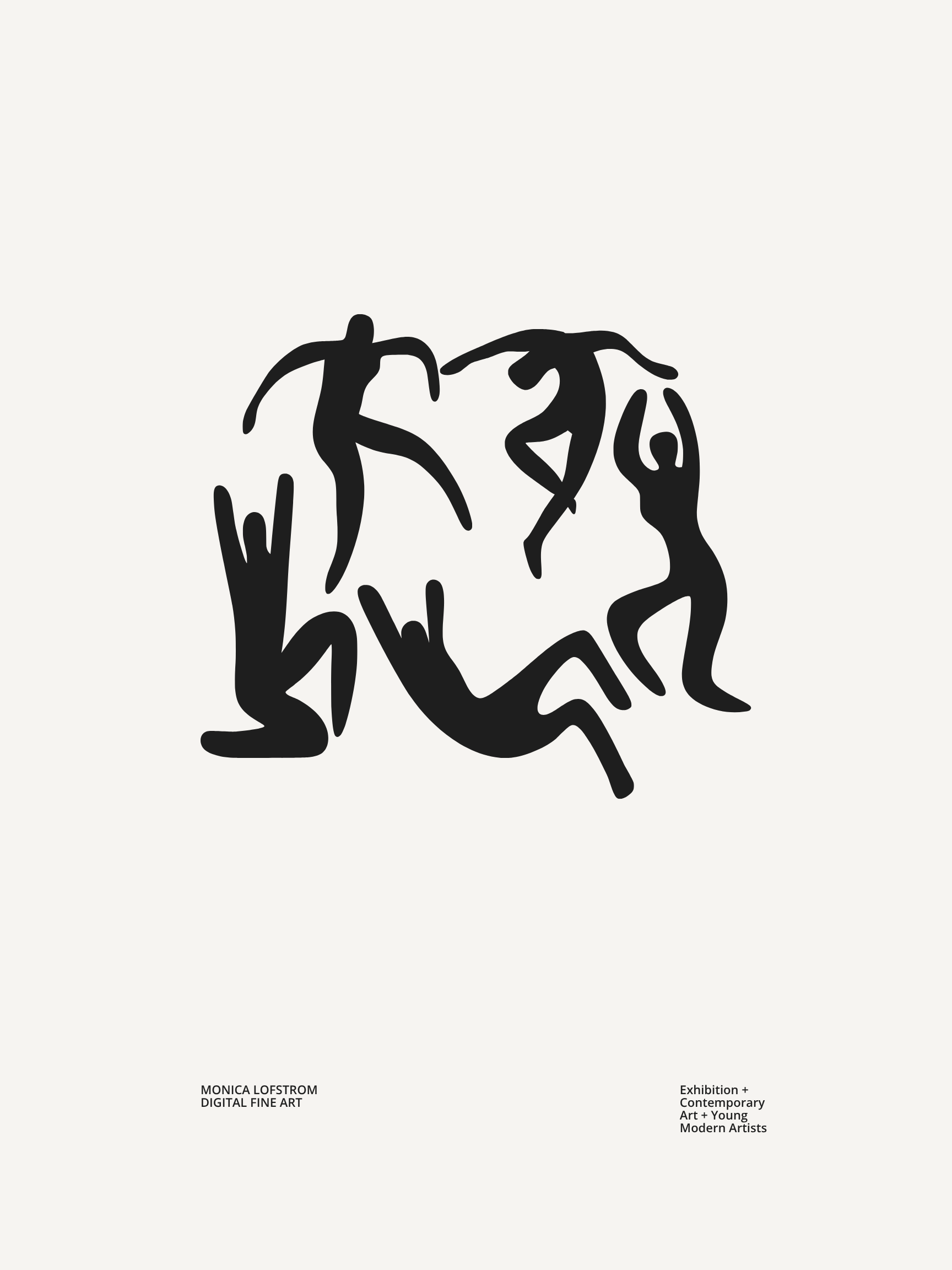 Poster for an art exhibition featuring digital fine art by Monica Loeström, with bold black abstract brushstrokes on a light background, and text indicating 'Exhibition + Contemporary Art + Young Modern Artists'.