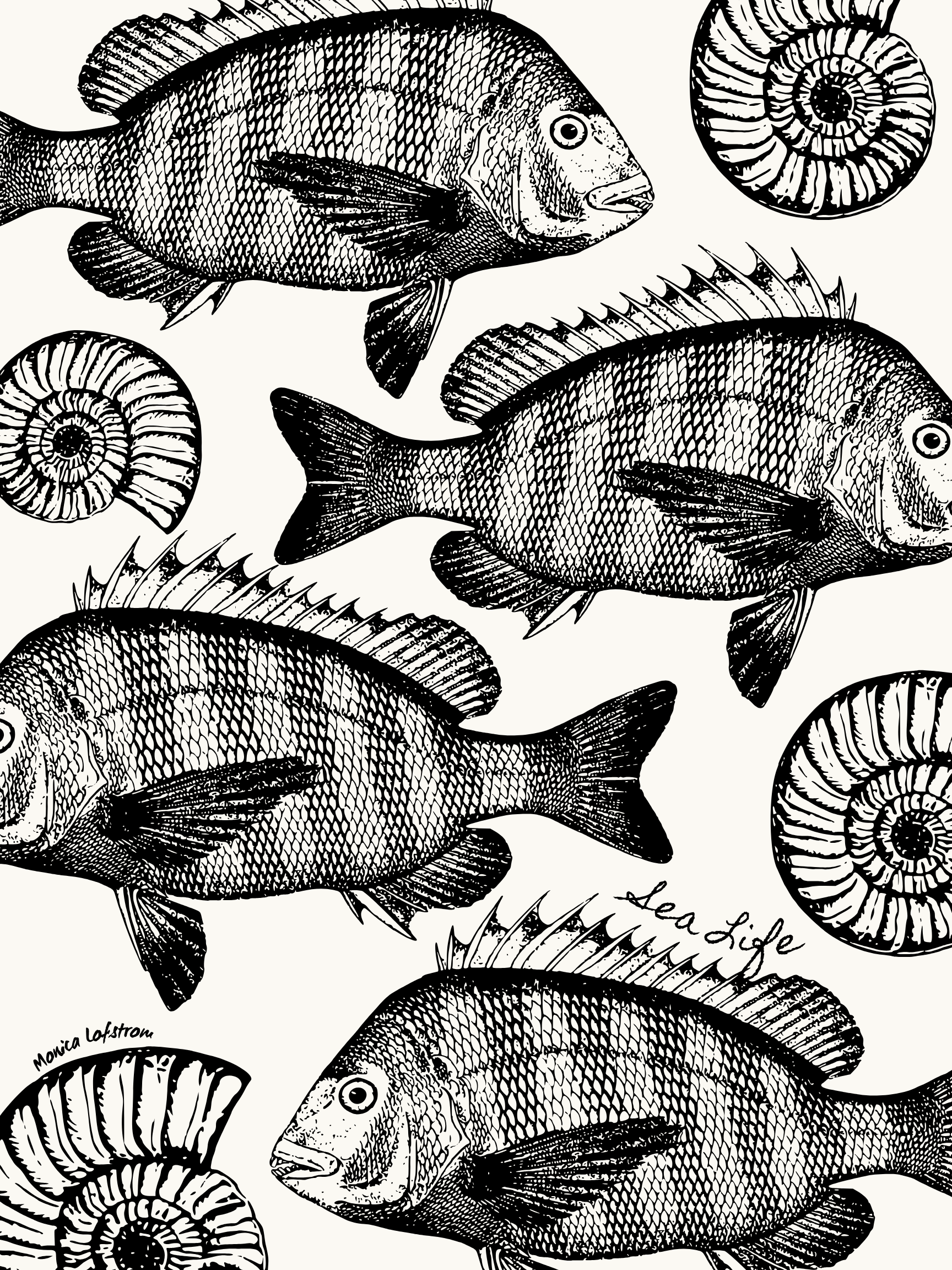 Black and white pattern featuring detailed illustrations of fish and ammonite shells, with the phrase 'Sea Life' written in cursive.