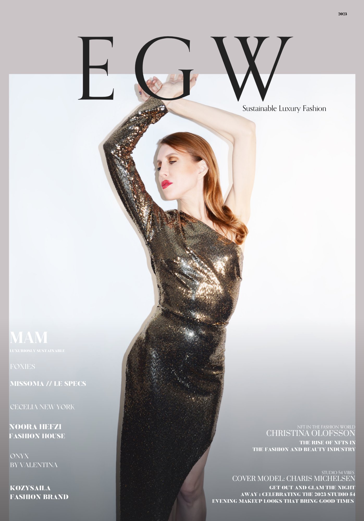 Magazine cover featuring a woman in a gold sequined gown with her eyes closed and arms raised above her head, with large black letters EGW at the top. The magazine includes headlines about fashion brands, NFT, and industry news.