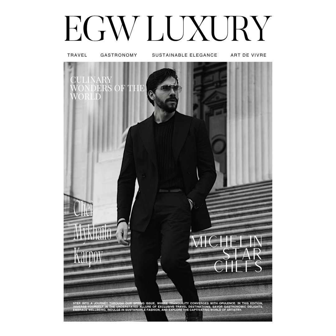 Black and white magazine cover titled 'EGW LUXURY' featuring a man in dark clothing, sunglasses, walking down stairs outside a classical building with large columns.