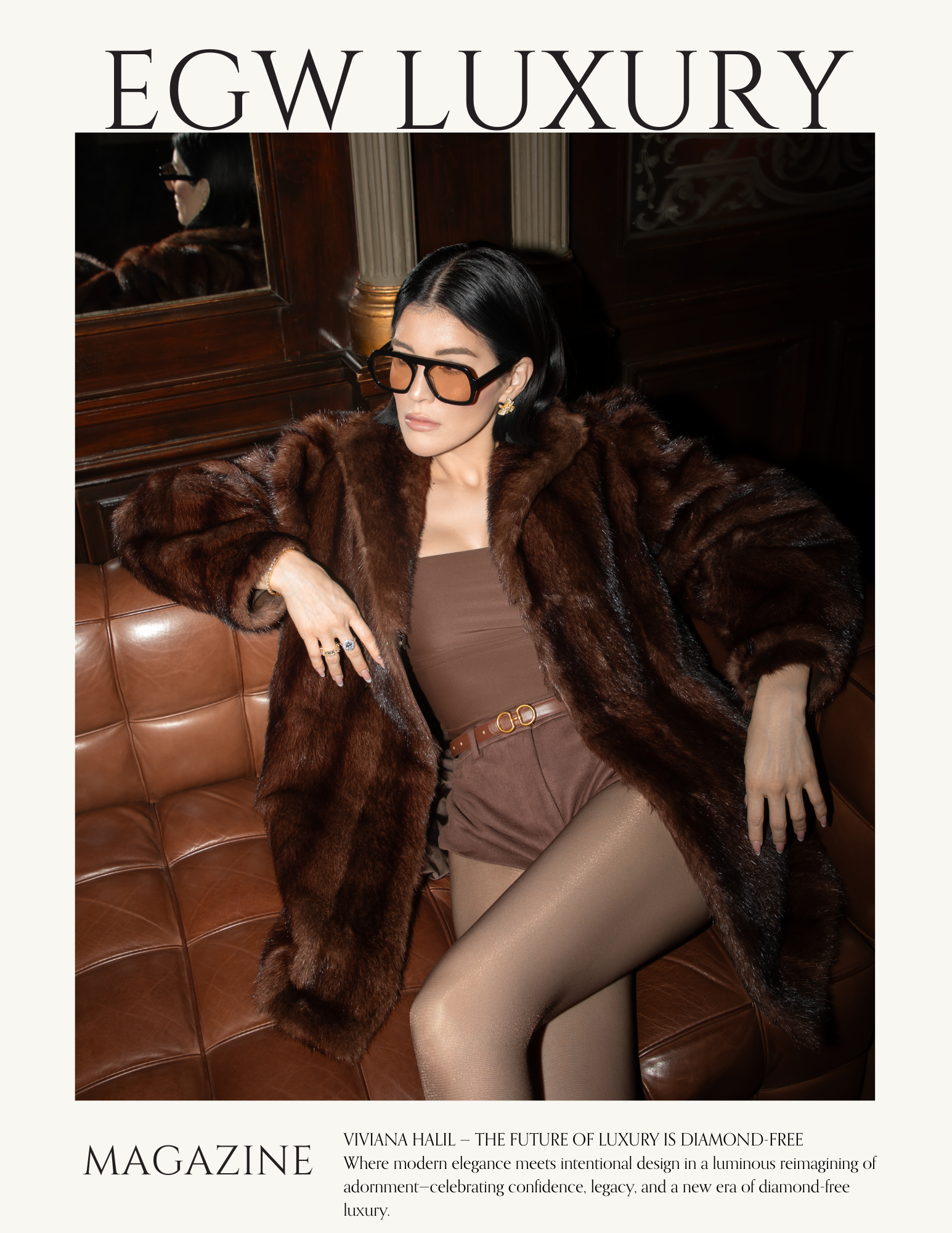 A woman dressed in elegant brown clothing with a fur coat, wearing large sunglasses and jewelry, sitting on a leather sofa in a luxurious setting with dark wood paneling and ornate decor.