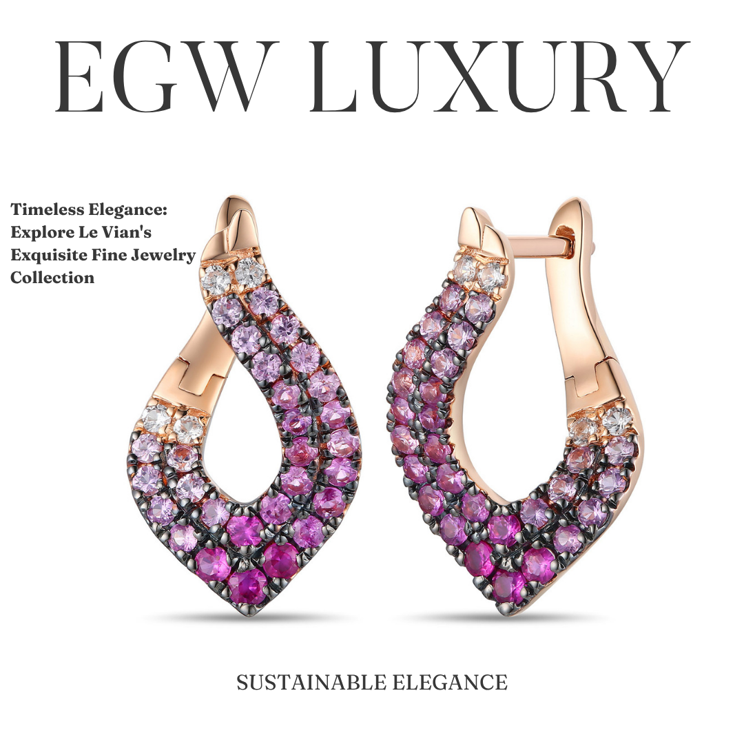 A pair of jewelry earrings with pink and white gemstones in a gold setting, displayed against a white background with text about luxury, elegance, and fine jewelry collection.