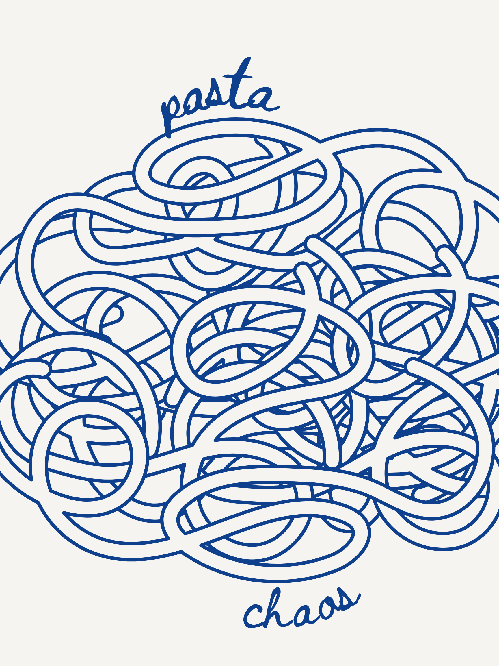Line art of a tangled pile of spaghetti with the words "pasta" above and "chaos" below.