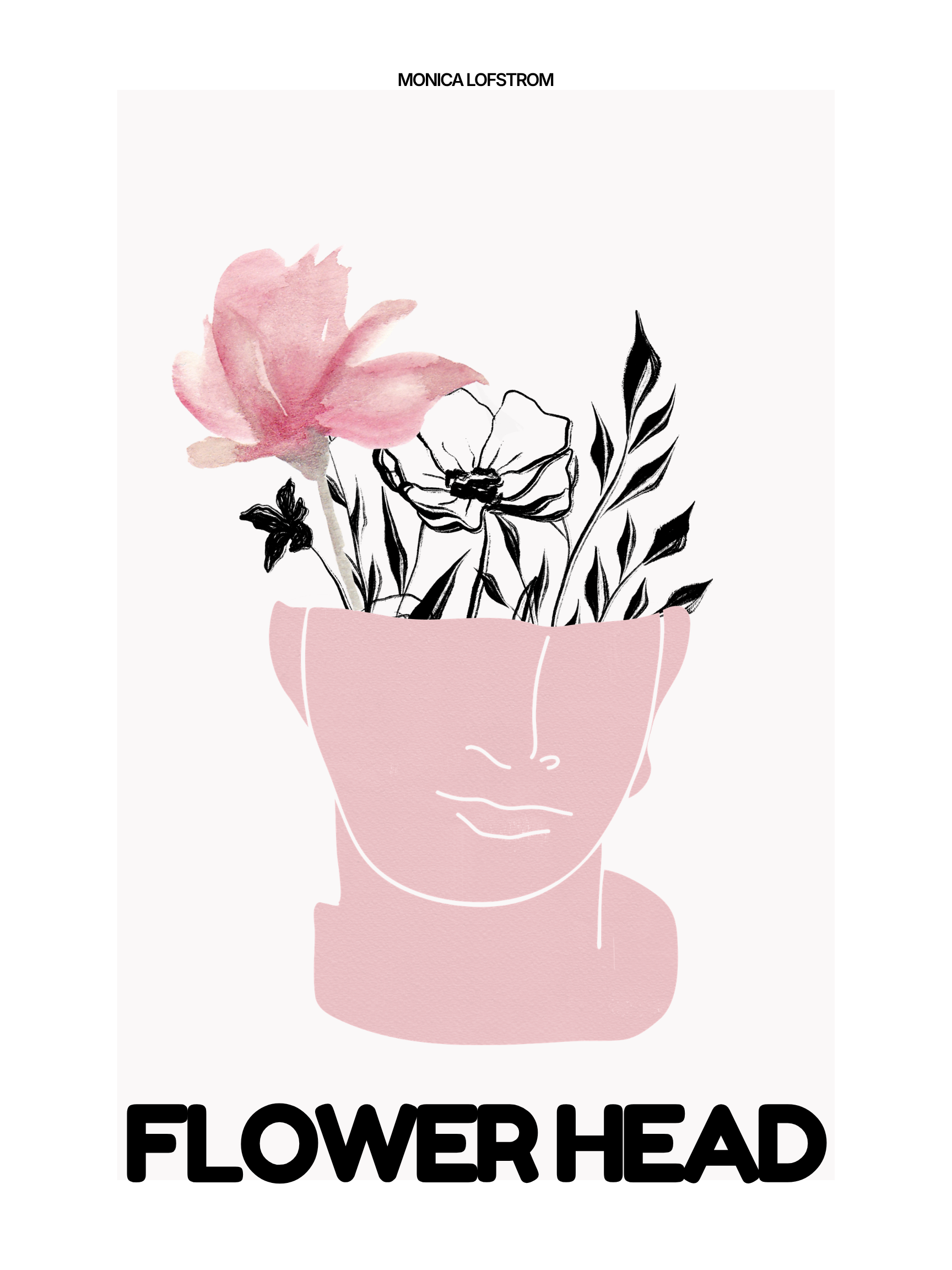 A line drawing of a woman's face with closed eyes, combined with a pink watercolor flower forming part of her head and hair, with the text 'FLOWER HEAD' in bold black letters at the bottom.