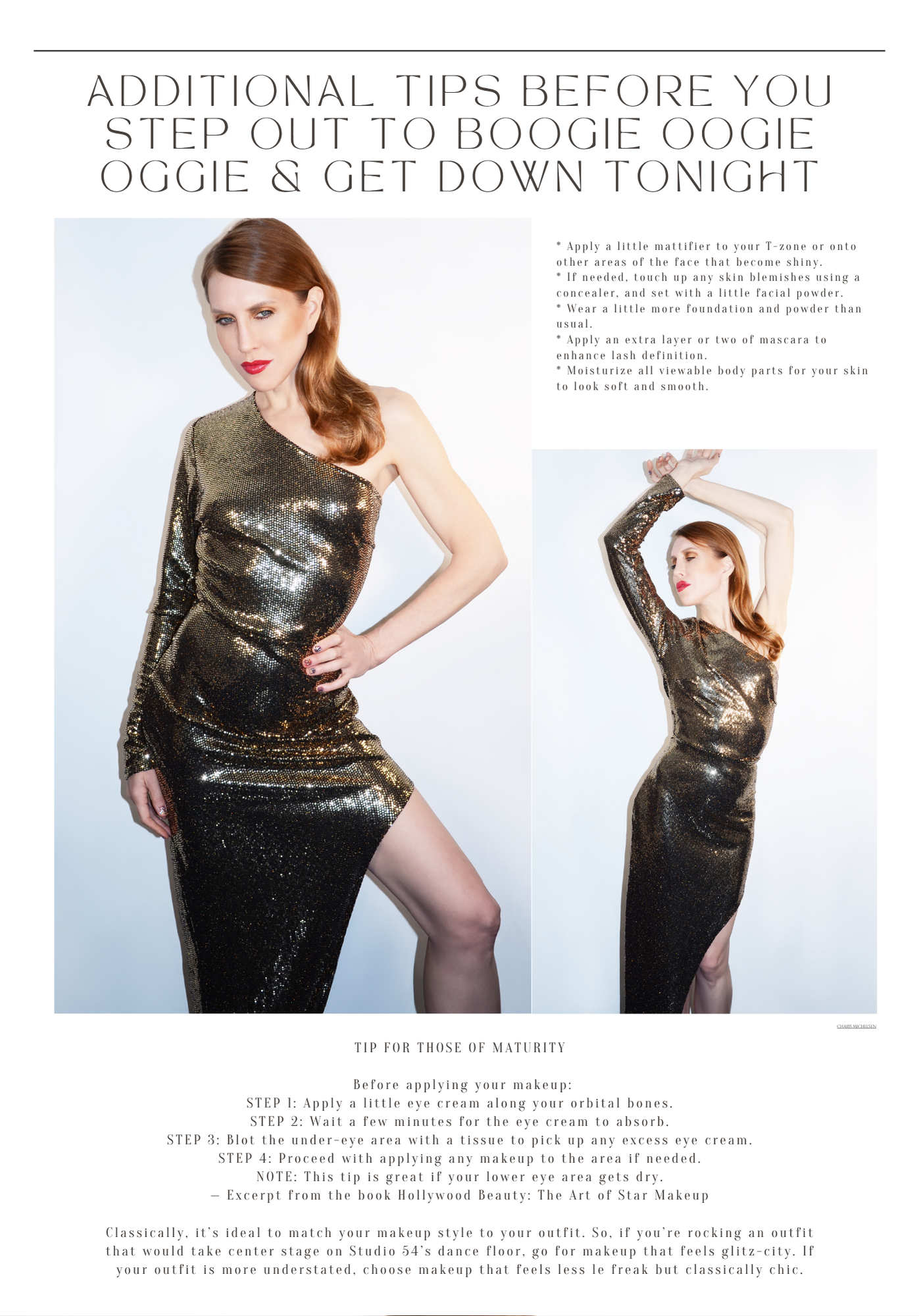 A page from a beauty tips book featuring two images of a woman with red hair in a shimmering, gold, one-shoulder gown. The text offers makeup tips for a mature look, including applying eye cream, waiting for absorption, and using a tissue to blot exc