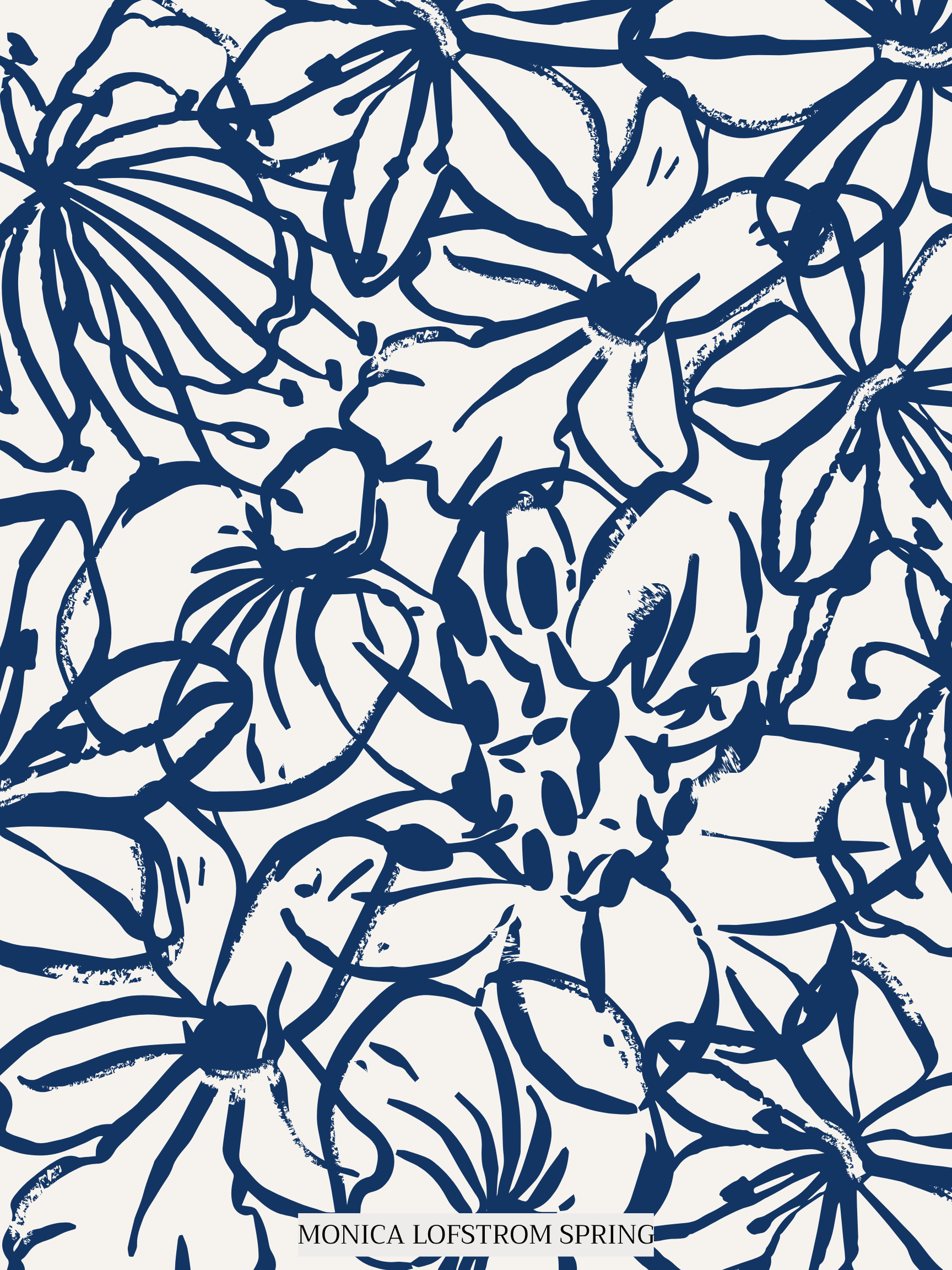 Abstract floral pattern in navy blue on cream background with the text "Monica Lofstrom Spring" at the bottom.
