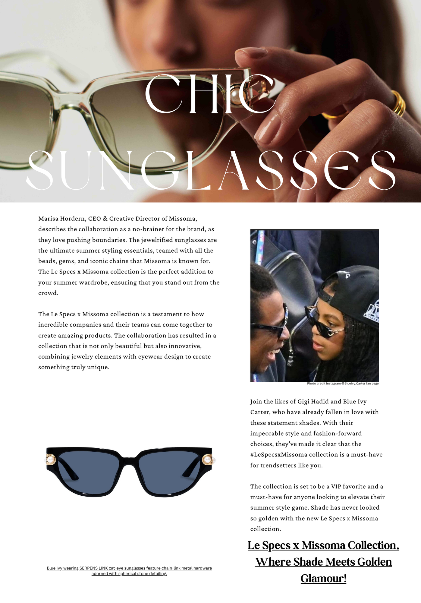 Close-up image of a person holding a pair of stylish sunglasses, with text overlay saying 'CHIC SUNGLASSES'. The background shows part of the person's face and hand. The text discusses a collaboration collection of jewelry-inspired sunglasses.