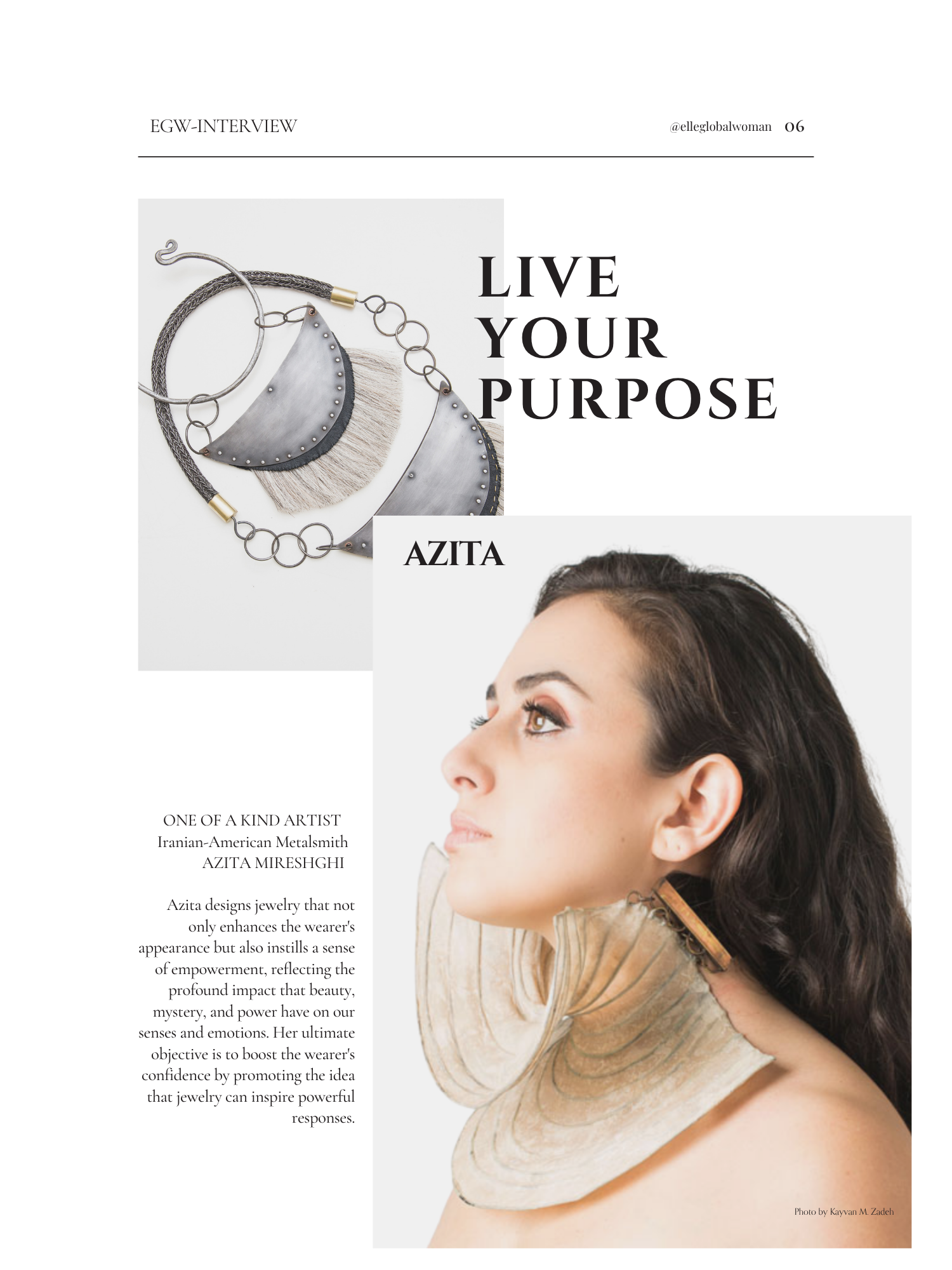 A woman with long dark hair wearing a large, layered, textured necklace. The image is part of a magazine page featuring an interview titled 'Live Your Purpose' with a focus on jewelry design by Azita Miresghii. The layout includes text and a photo cr