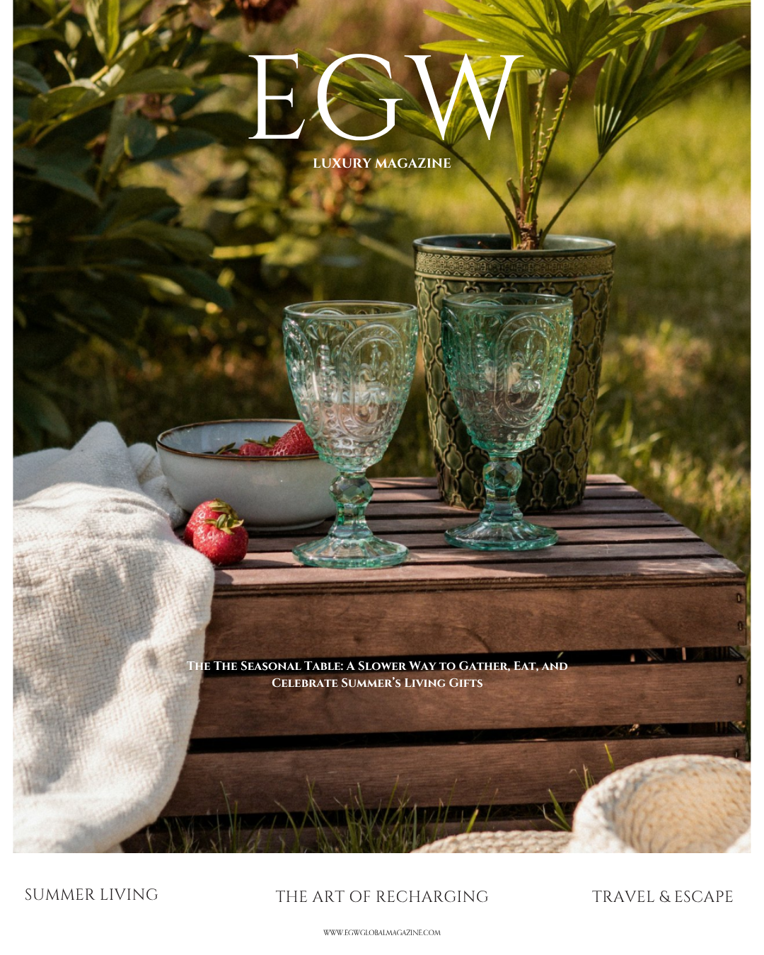 A magazine cover with a summer outdoor setup featuring two blue-green glass goblets, a bowl of strawberries, a potted plant, and a white towel on a wooden table, with lush greenery in the background.