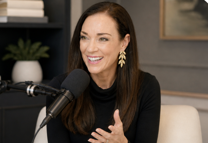 Monica Lofstrom smiling and speaking into a microphone during a podcast or interview in a modern room.