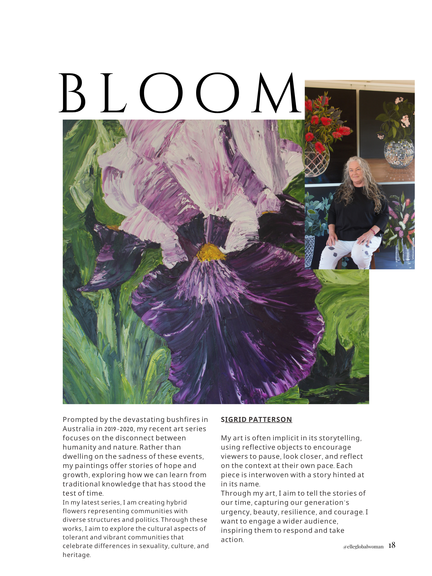 A magazine page featuring an abstract purple and green flower painting with a photo of a woman with long gray hair sitting in front of floral arrangements, along with text discussing art, nature, and cultural themes by Sigrid Patterson.
