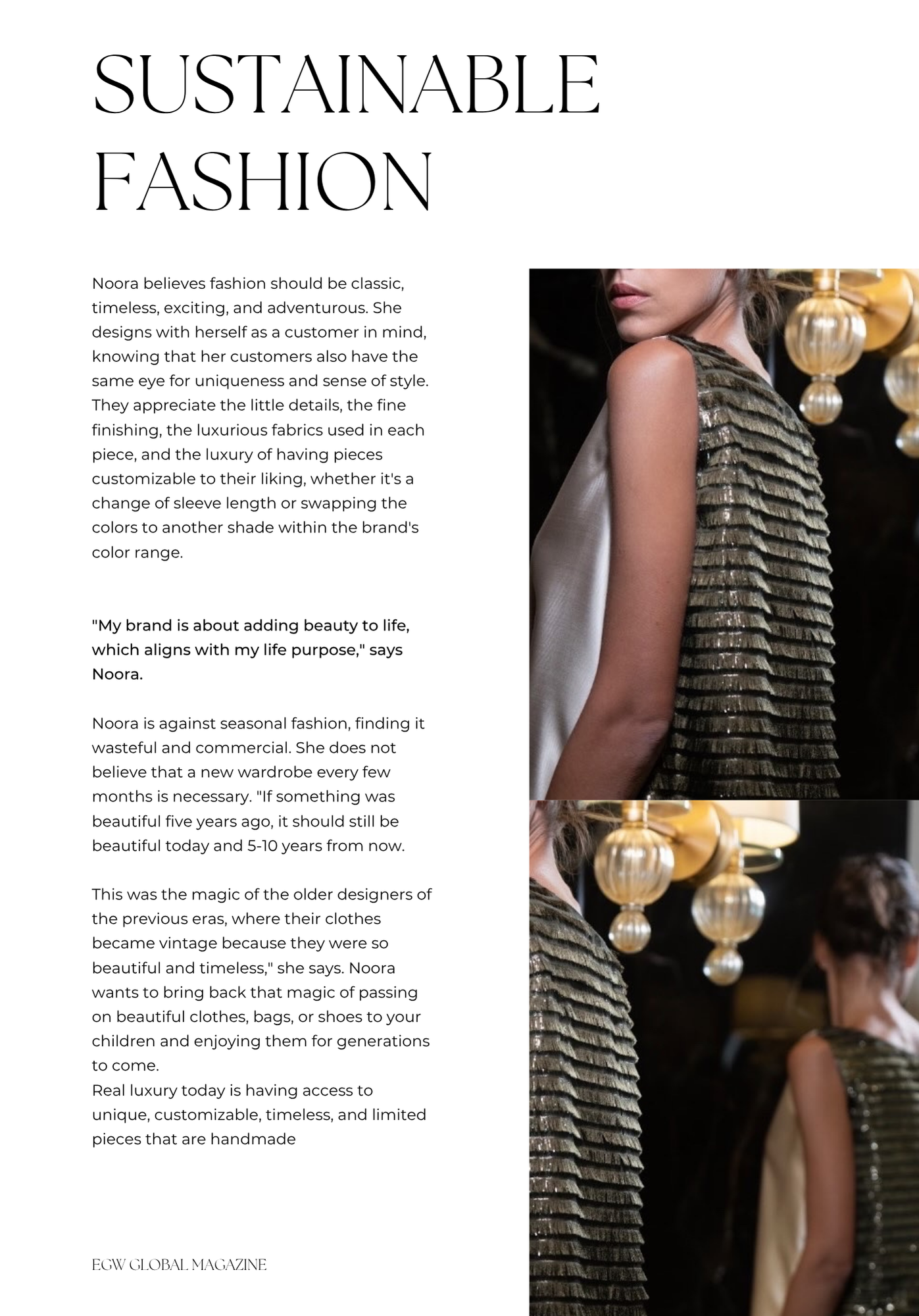 Magazine page titled 'Sustainable Fashion' with a woman wearing a textured, striped dress, and decorative lighting fixtures in the background.
