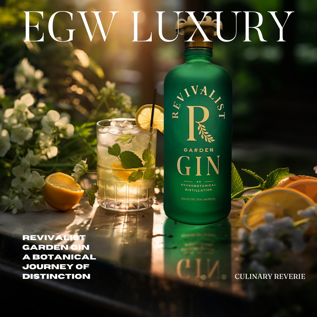 A bottle of Reivalist Garden Gin with an herbal cocktail garnished with lemon and mint, surrounded by sliced lemons and white flowers, set outdoors in natural light.