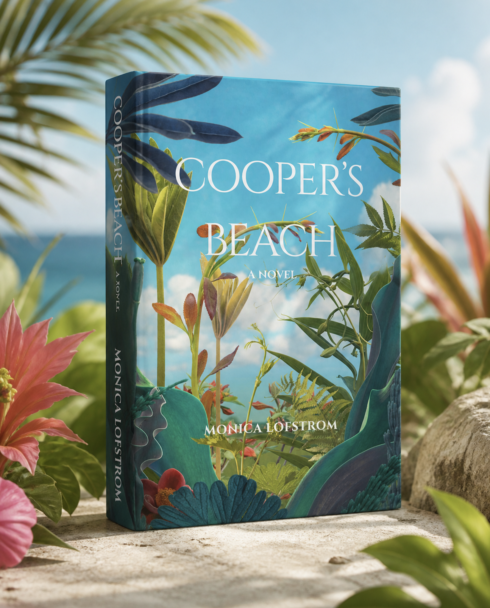 Book titled 'Cooper's Beach' by Monica Lofstrom, with a cover design featuring tropical leaves and flowers, set outdoors surrounded by tropical plants and flowers under a sunny sky.