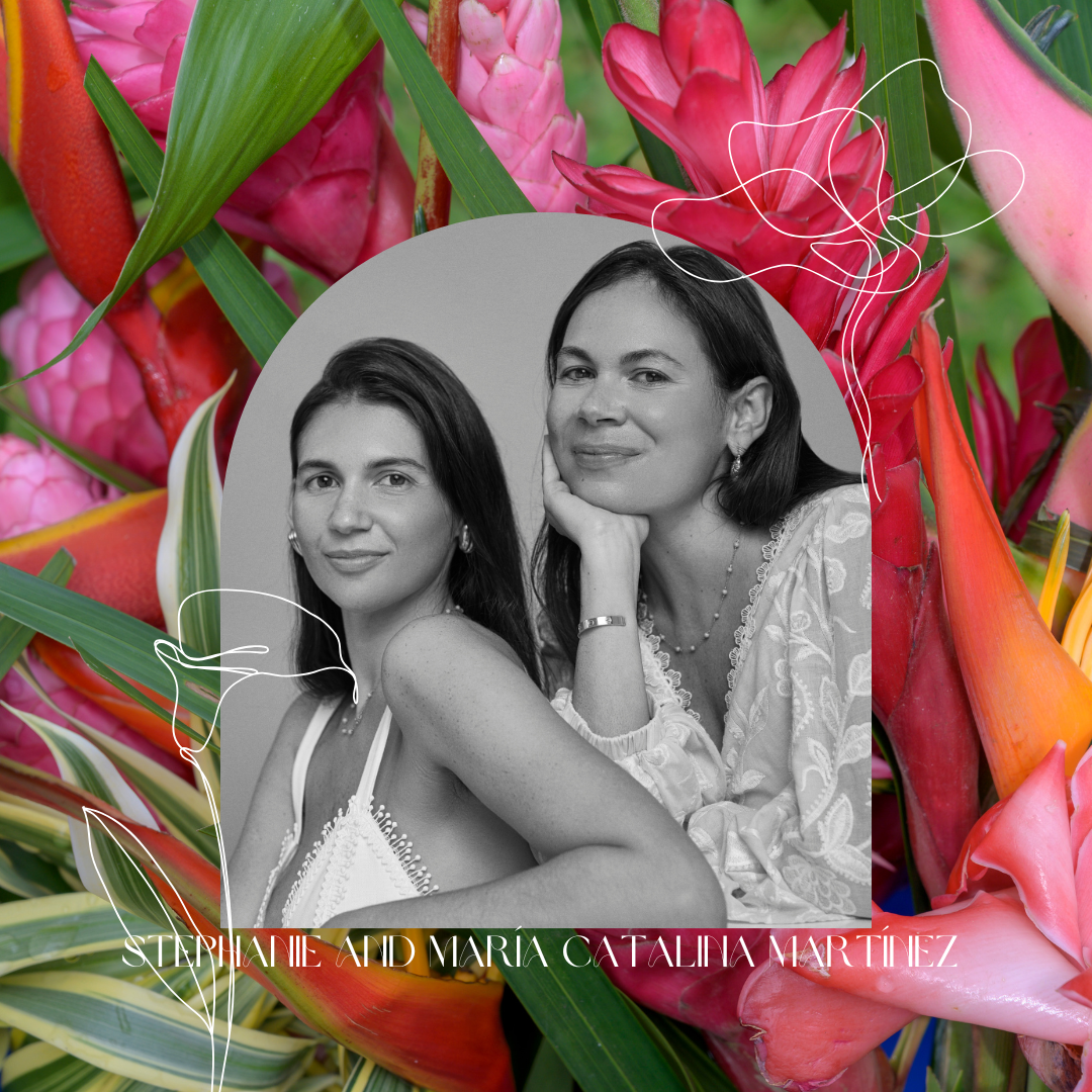 A black and white photograph of two women posing, overlaid on a vibrant background of various colorful tropical flowers and green leaves.