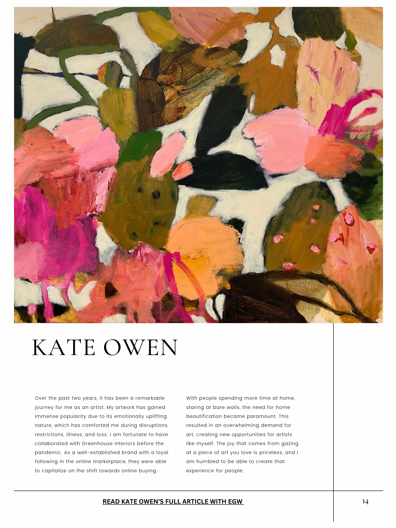 An abstract painting featuring large, colorful flowers in shades of pink, orange, white, with green and brown leaves and background elements.