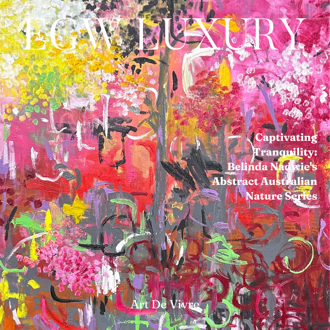 Abstract Australian nature scene with pink, red, yellow, green, purple, black, and white brushstrokes depicting trees and foliage.