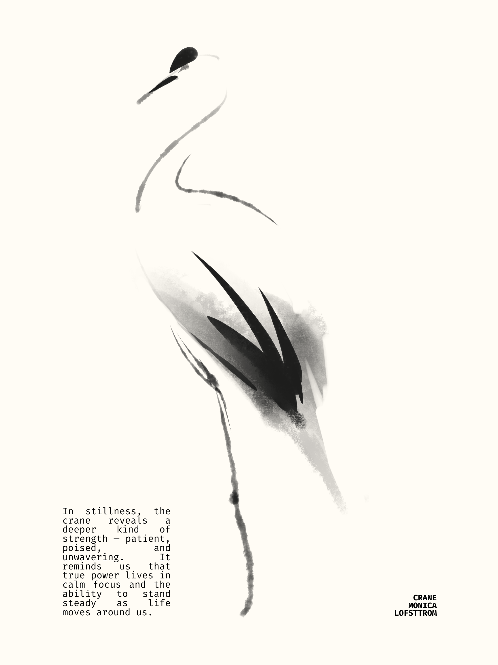 Minimalist black and white illustration of a crane with long, slender lines and a single black shape at the top; partial text in the bottom left corner discusses the crane's stillness and strength.
