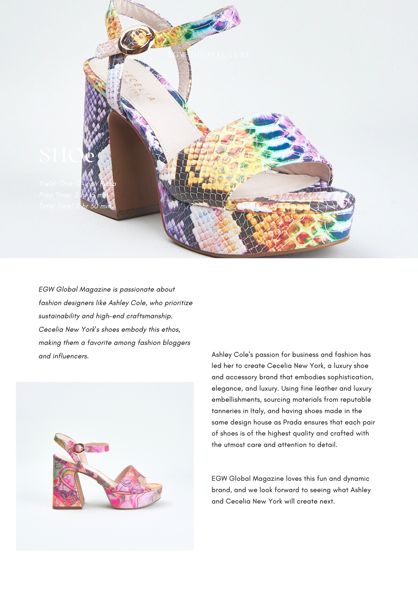 A pair of high-heeled shoes with a multicolored snakeskin pattern, one shoe prominently displayed with a huge heel and a strap with a round buckle.