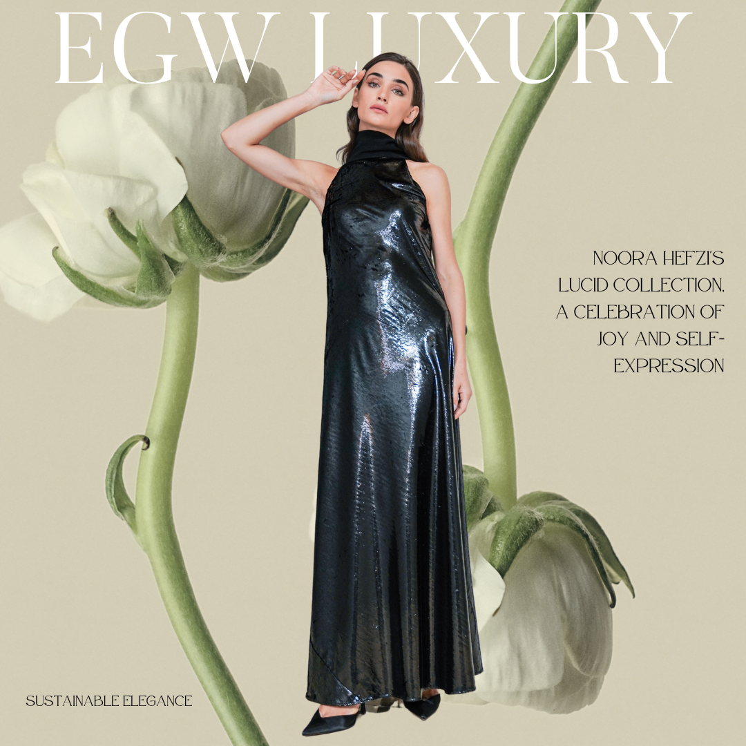 Fashion magazine cover featuring a woman in a shiny black dress standing in front of a large flower illustration, with text about Noora Hefzi's Lucid Collection and themes of joy and self-expression.