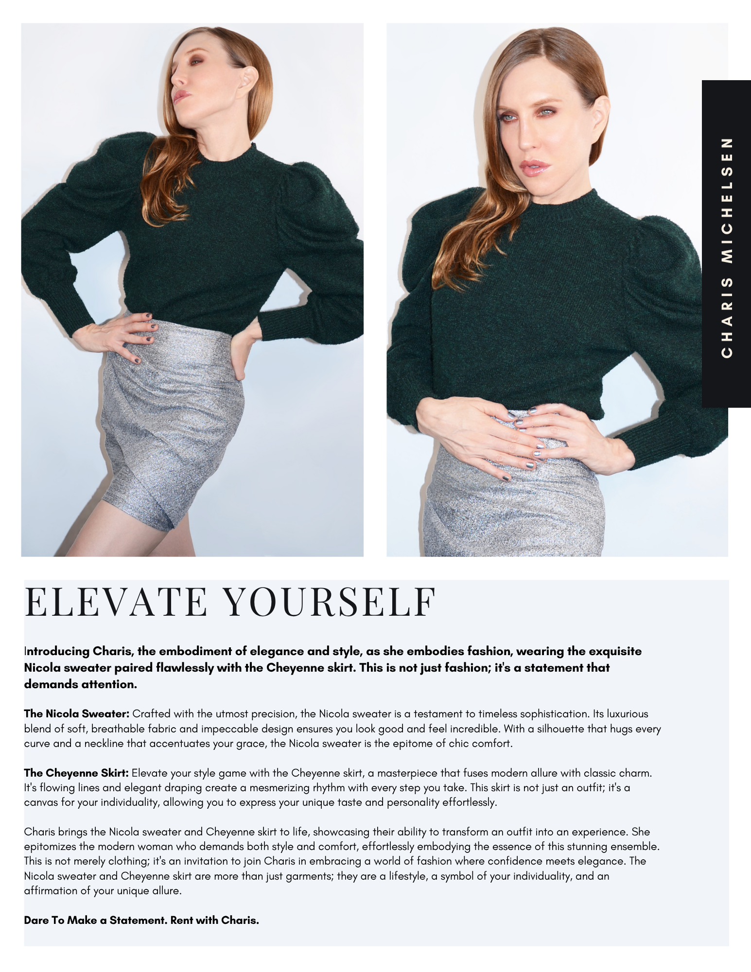 Two side-by-side photos of a woman wearing a dark green sweater with puffed shoulders and a sparkly silver skirt. In the left photo, she has her eyes closed and one hand on her waist. In the right photo, she is looking at the camera with her hands on