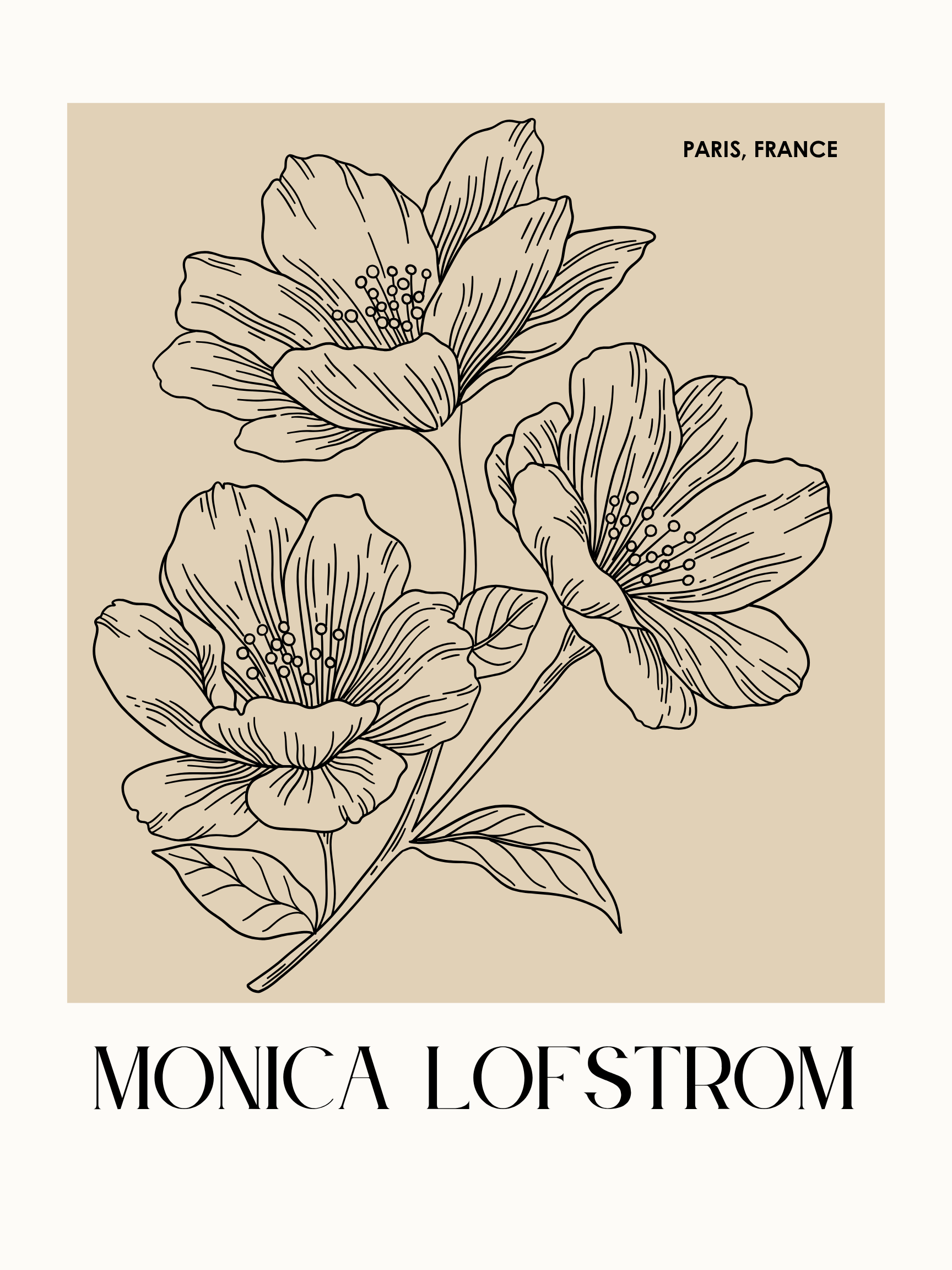 Line drawing of a cluster of flowers with the text 'PARIS, FRANCE' in the top right corner and 'MONICA LOFSTROM' at the bottom.