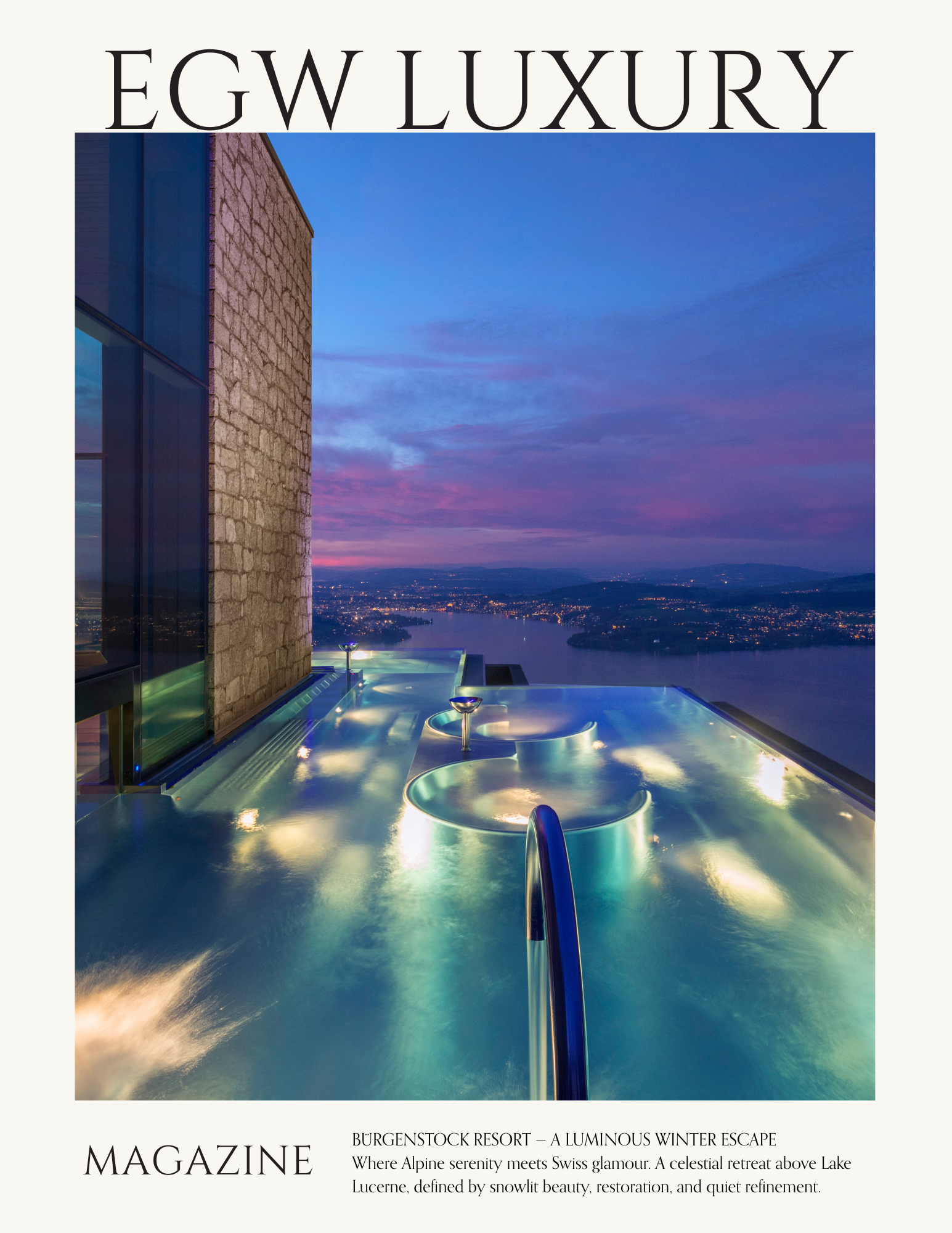 Photo of a luxury rooftop with an infinity pool overlooking a lake and distant mountains during sunset at Burgenstock Resort, with clear skies and city lights in the distance.