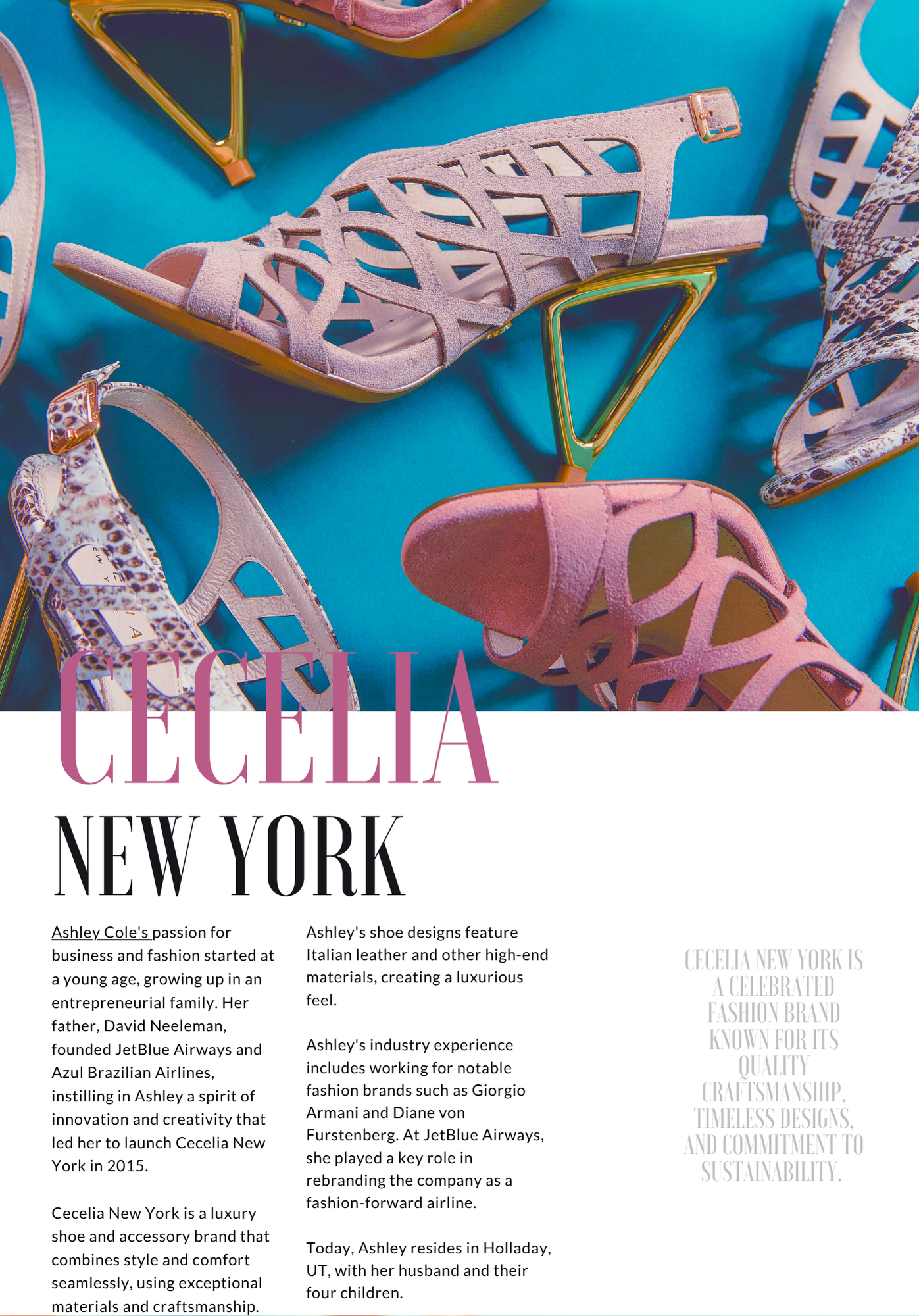 Close-up view of high-heeled shoes with intricate geometric cut-outs, featuring a pink and gold color scheme, displayed on a vibrant blue background.