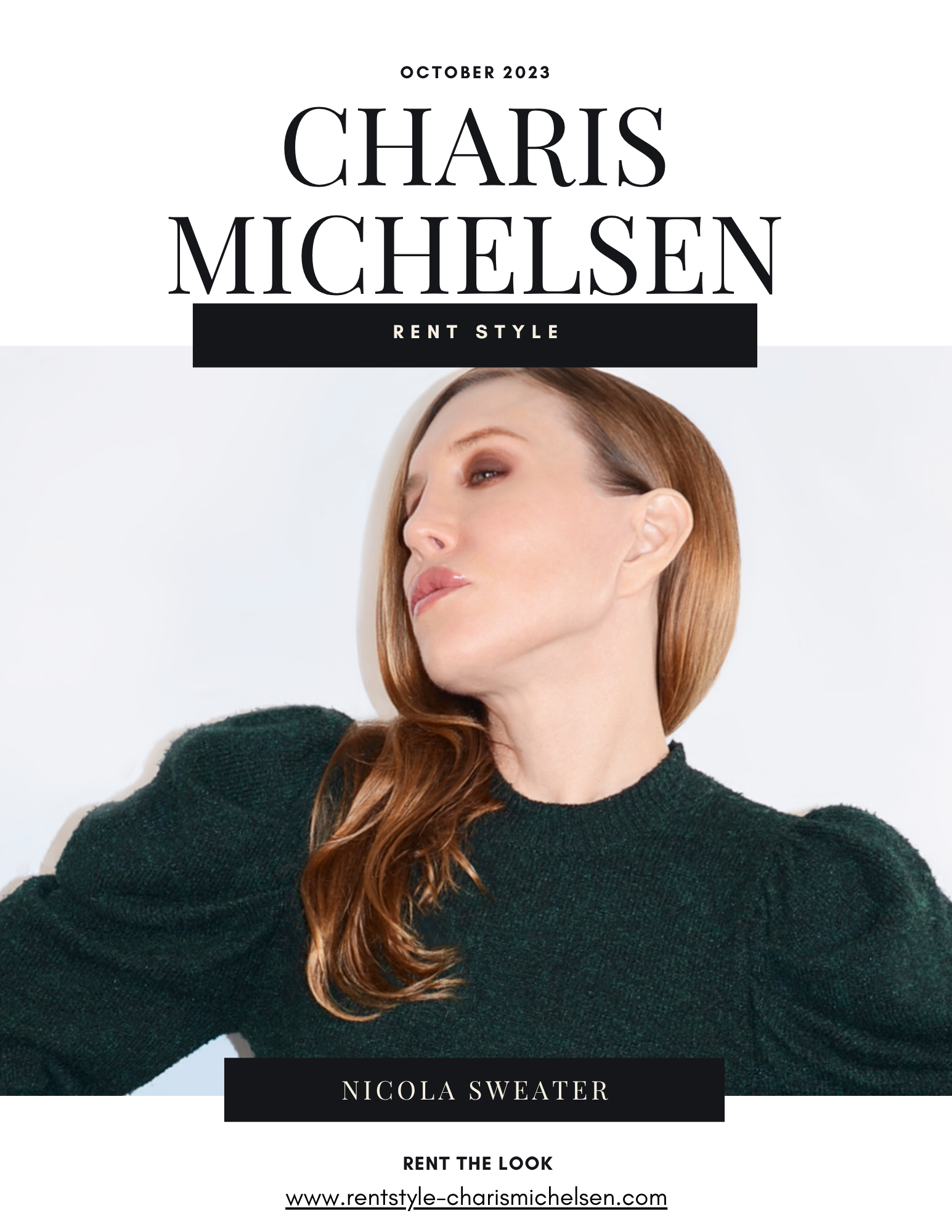 Fashion advertisement for Nicole Sweater featuring a woman with red hair wearing a dark green sweater, promoting rent style-charismichelsen.com.
