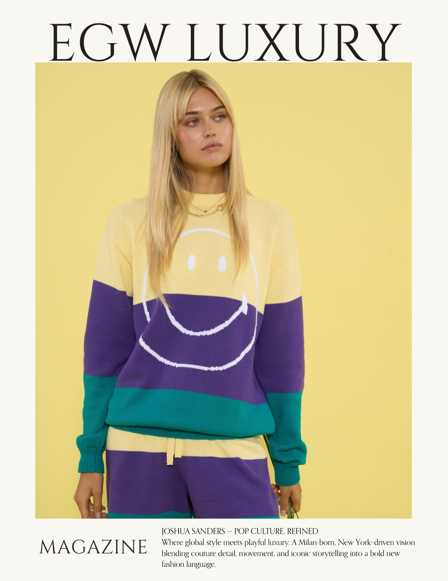 Cover of magazine featuring a young woman with blonde hair wearing a colorful sweater with smiley face design, standing against a light yellow background.