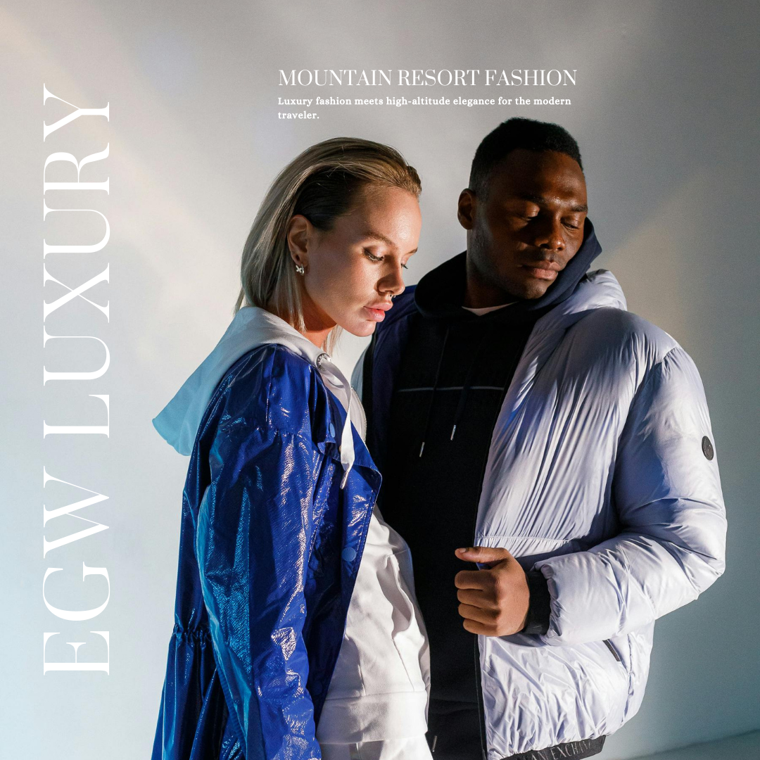 Two models wearing stylish jackets posing for a fashion shoot against a plain background, with text overlay about mountain resort fashion.