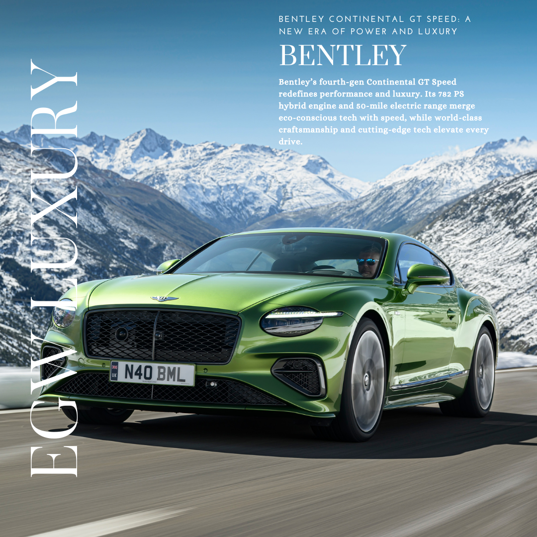 A green Bentley Continental GT Speed driving on a mountain road with snow-capped peaks in the background, featuring modern design and performance-focused elements.