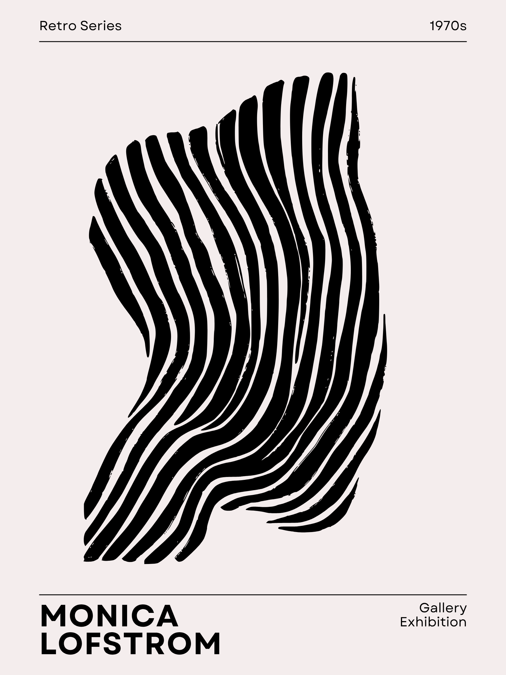 Poster for an art exhibition featuring a black and white abstract striped figure resembling a human profile, with the text "Mónica Lo스트rom" and details about the gallery exhibition and the artist's retro series from the 1970s.