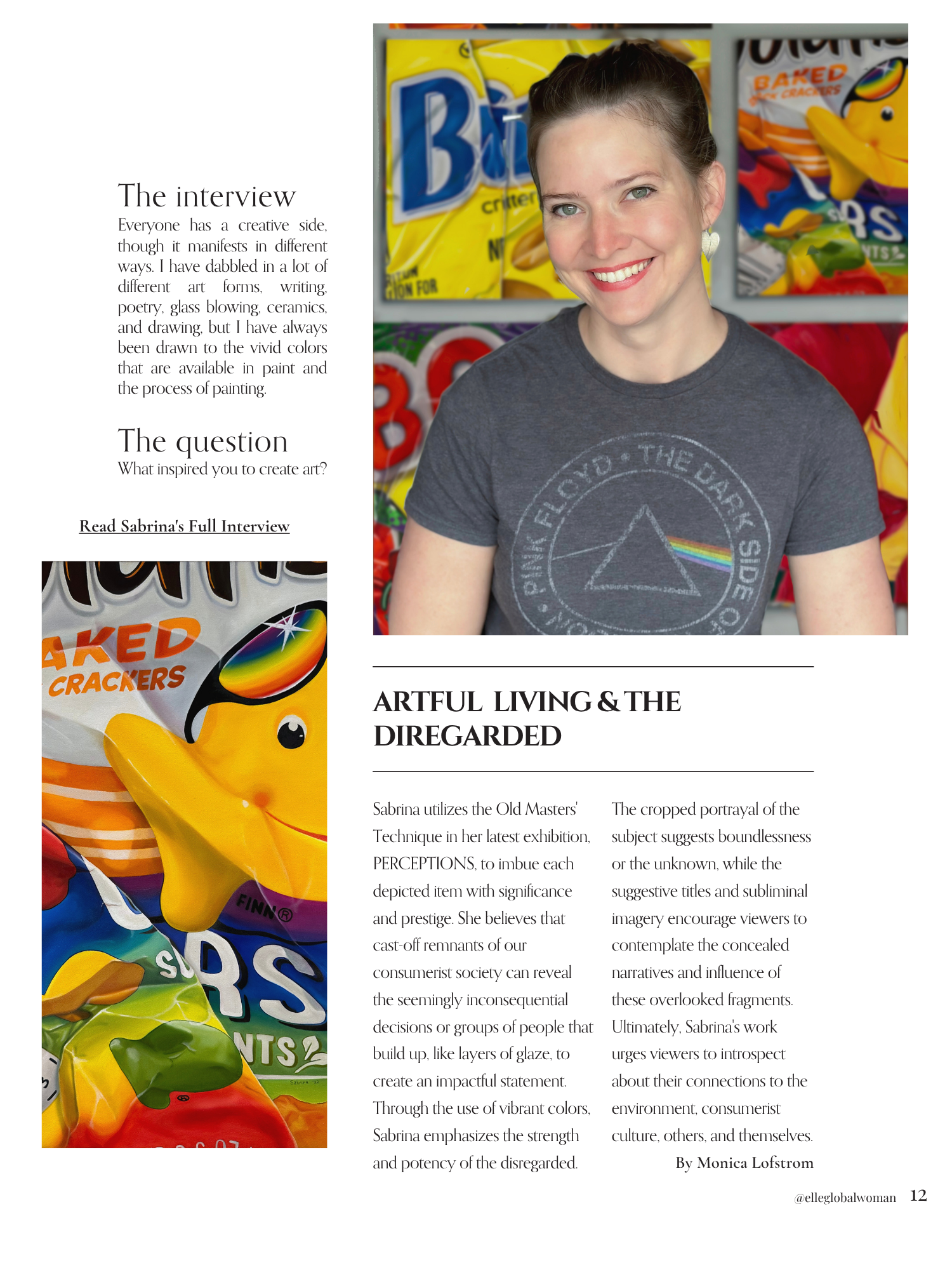 A woman with light skin, brown hair, and a smile, wearing a dark gray T-shirt with a Pink Floyd logo, standing in front of shelves filled with colorful candy and snack packages.