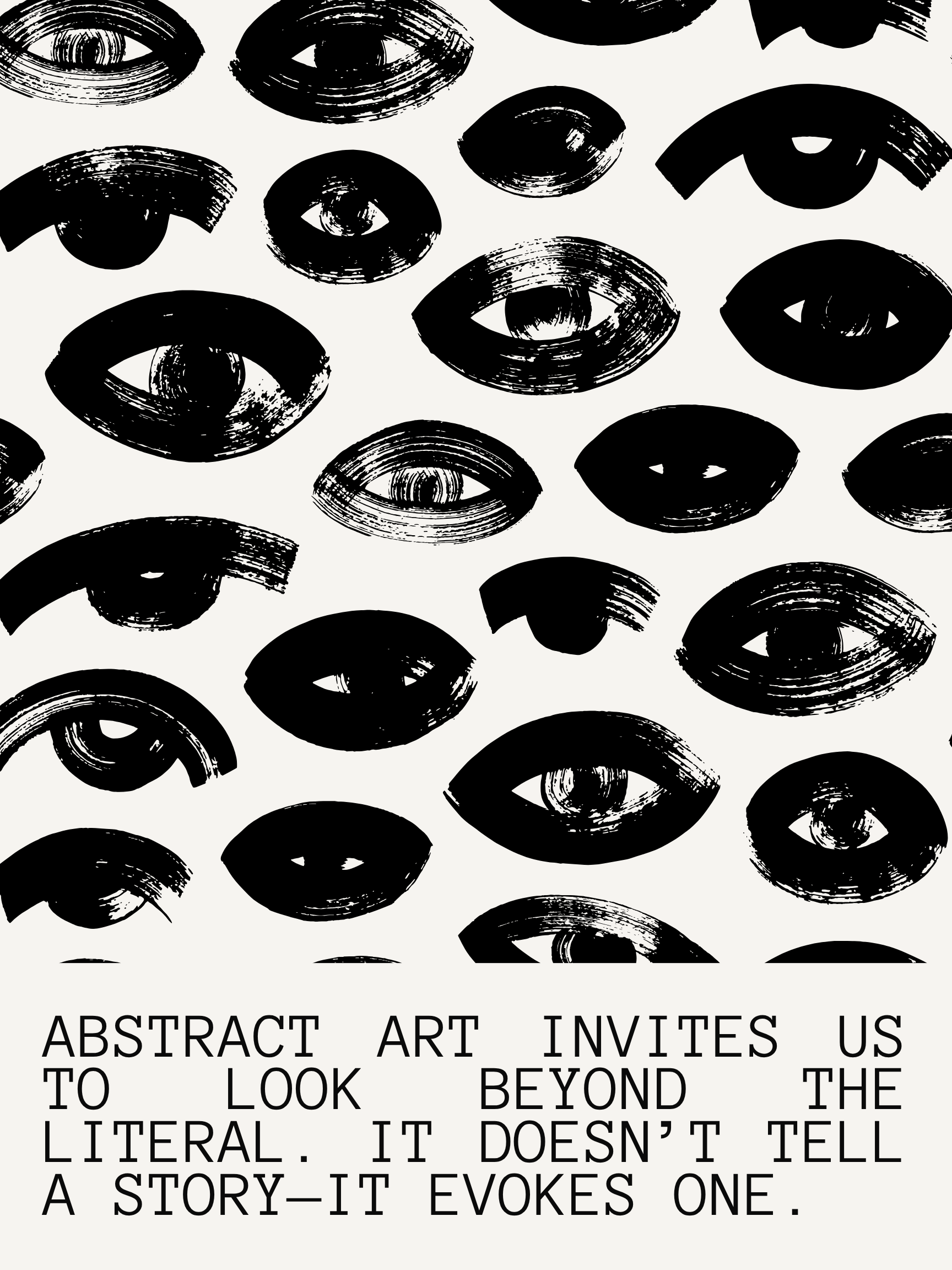 Black abstract eye illustrations on a white background with white text discussing abstract art, invites, and storytelling.