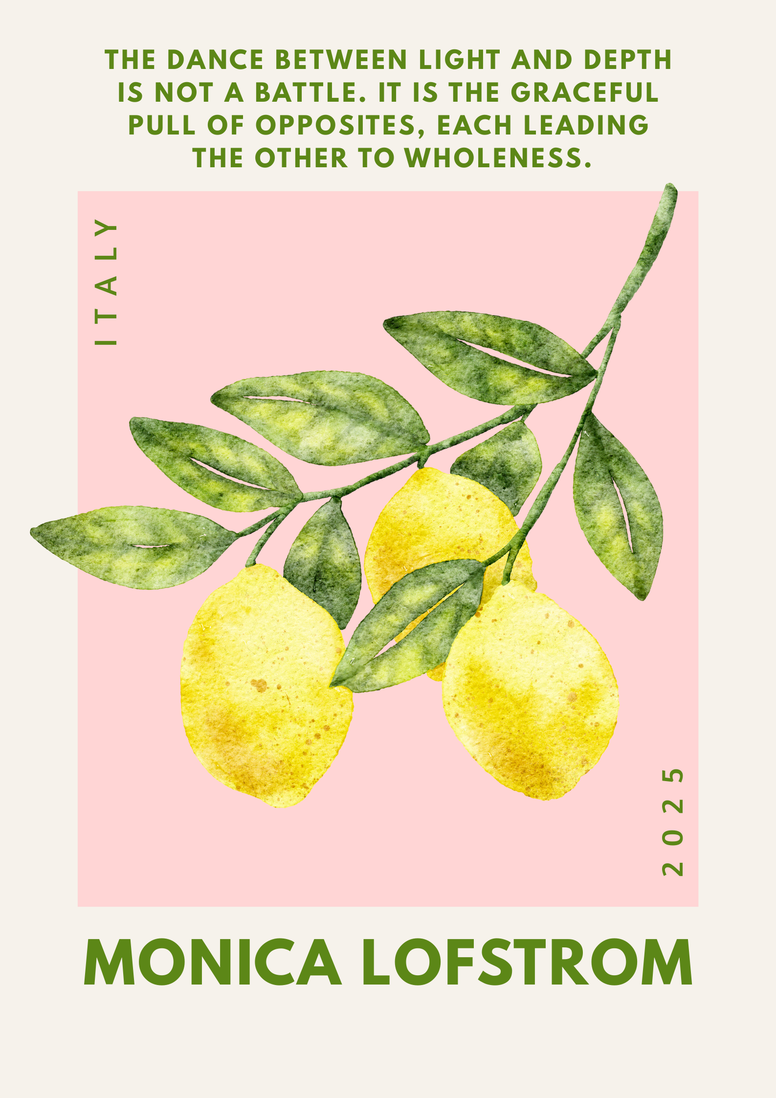 Book cover featuring watercolor illustration of lemons on a branch with leaves, pink background, green text with quote at top, title and author at bottom, and date on the right side.