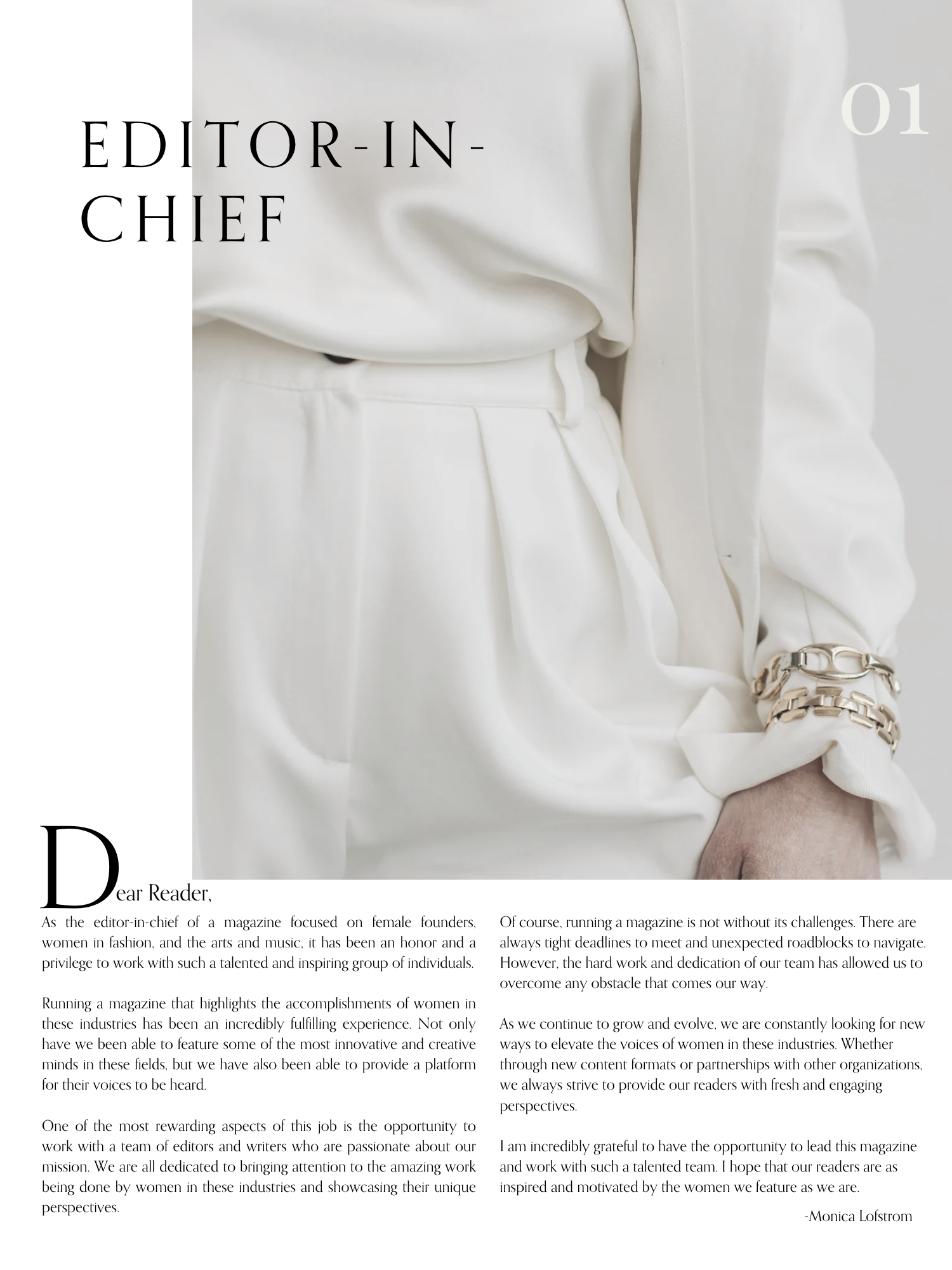 A magazine page with a close-up photo of a person wearing an all-white outfit, including a blouse and pants, positioned on the right side of the page. The left side contains black serif text with a heading that says 'EDITOR-IN-CHIEF' and the number '
