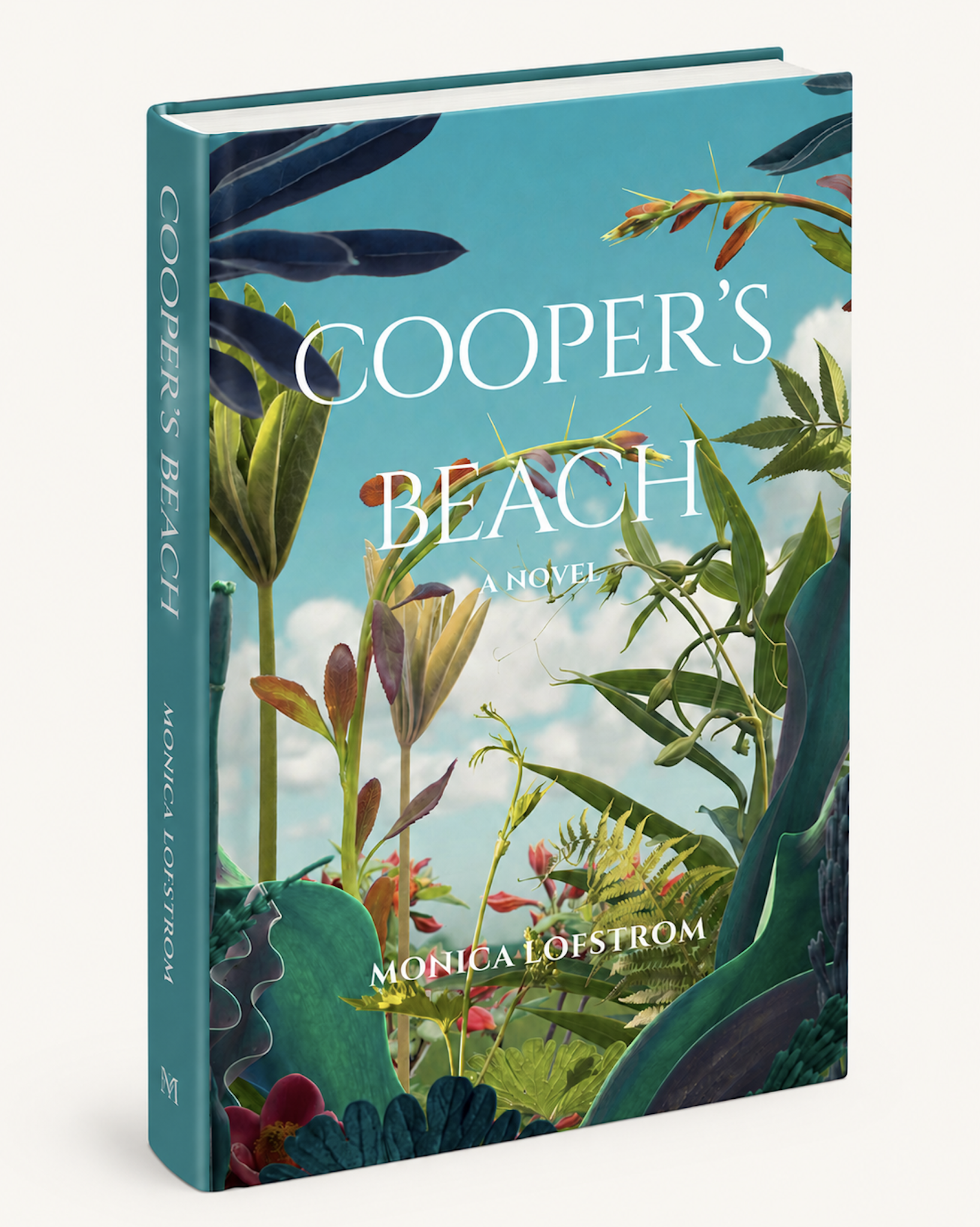 Book titled 'Cooper's Beach' by Monica Lofstrom, featuring a colorful cover with tropical plants and flowers.