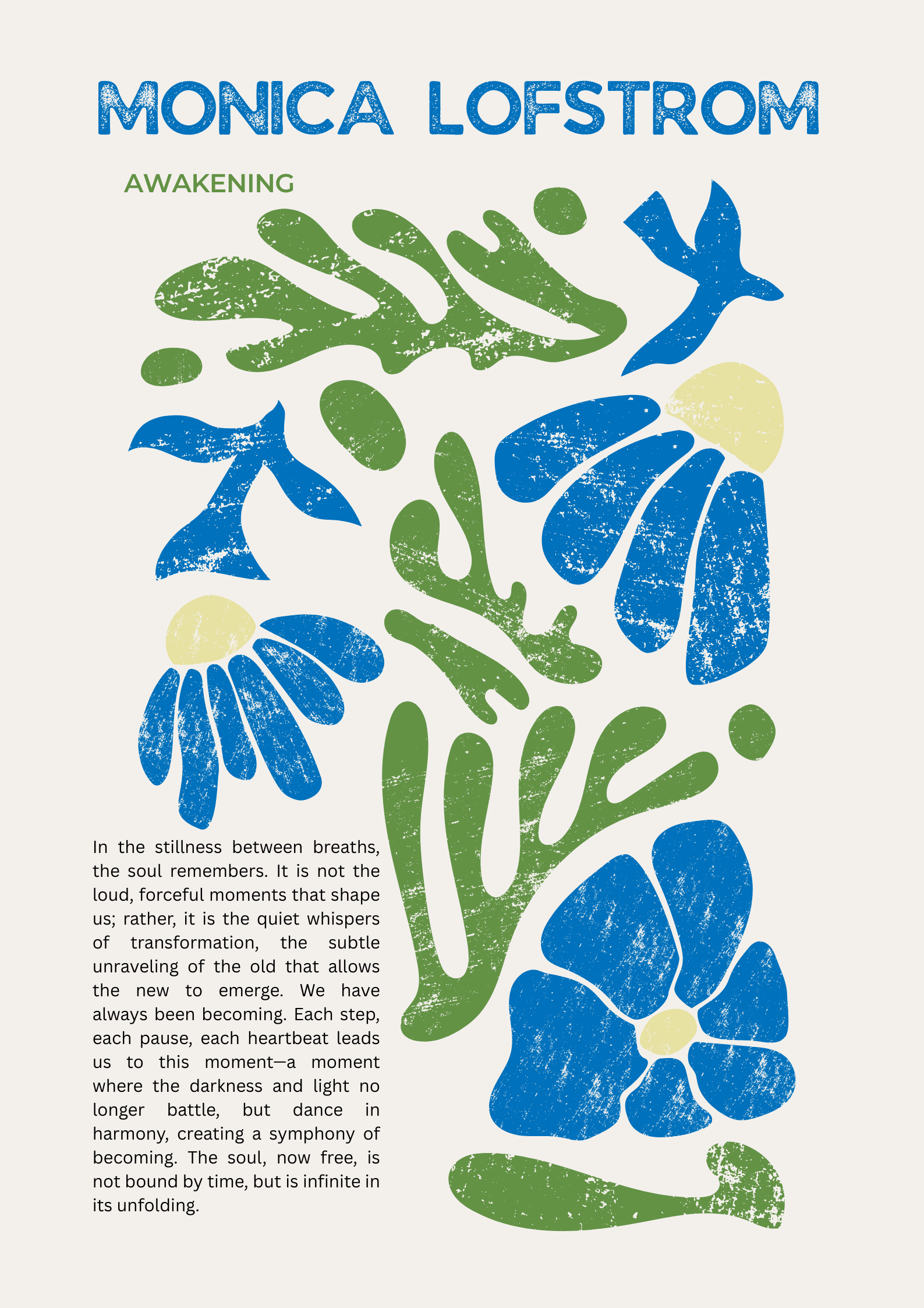 Book cover titled 'Monica Lofstrom' with the subtitle 'Awakening'. The cover features abstract, textured illustrations of green and blue leaves and flowers. A quote at the bottom describes a moment of transformation and harmony, emphasizing stillness