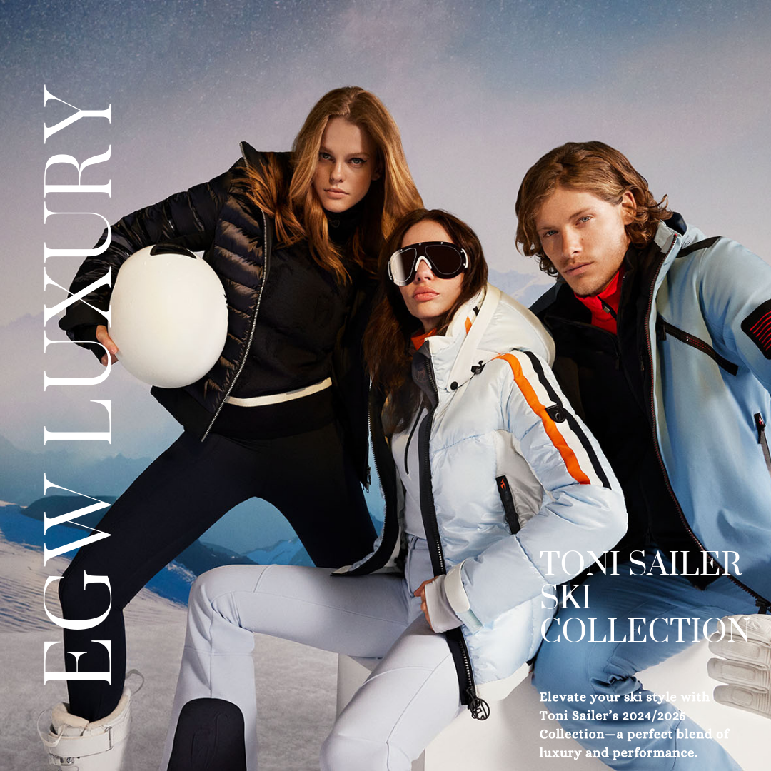 Three models in ski gear posing on a snowy mountain with a cloudy sky background. One woman is holding a white ski helmet, another wears ski goggles, and the third man has wavy hair. Text on the image promotes the Toni Sailer ski collection for 2024/