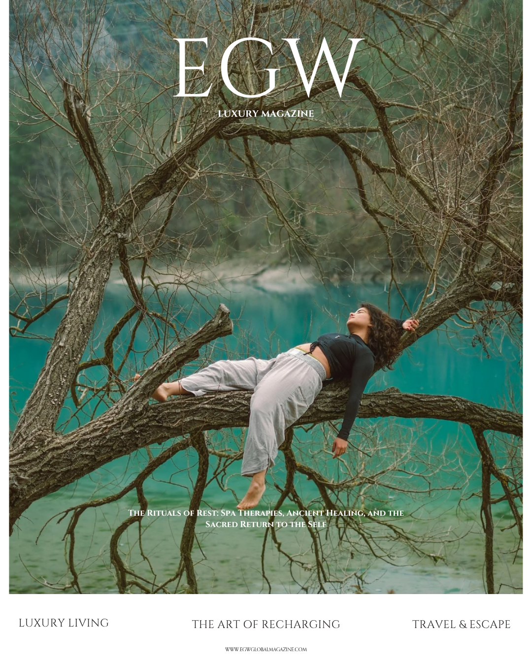 A woman lays relaxed on a tree branch near a vibrant blue-green body of water, with leafless tree branches above her and a misty background.