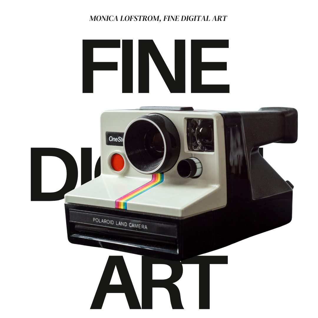 A Polaroid Land Camera with a rainbow stripe on the front, labeled 'Fine Digital Art' and 'Monica Loftstrom, Fine Digital Art' at the top.