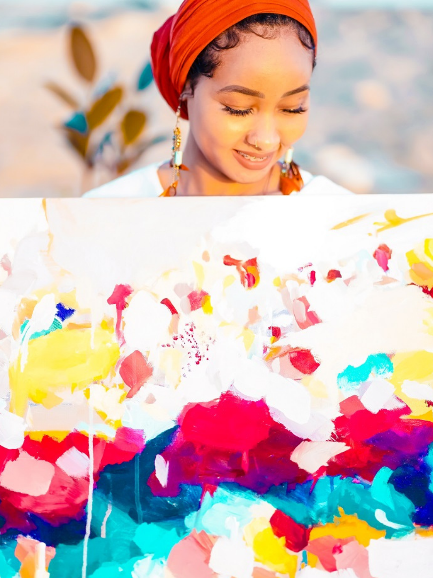 A young woman with a colorful head wrap, earrings, and a nose piercing looking down at a vibrant abstract painting with bright colors.